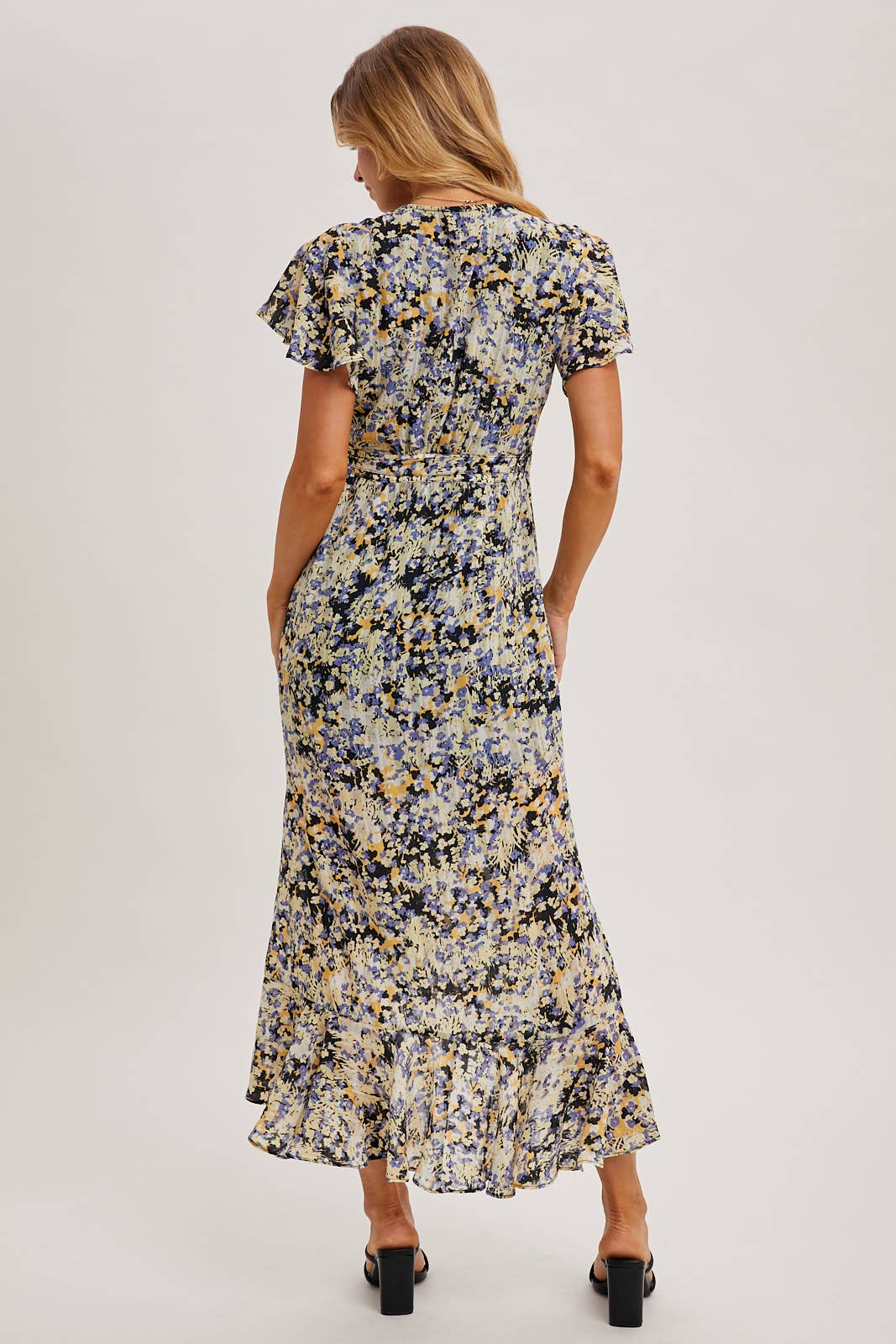 FLORAL PRINT WRAP RUFFLED MIDI DRESS: BLUE D02356