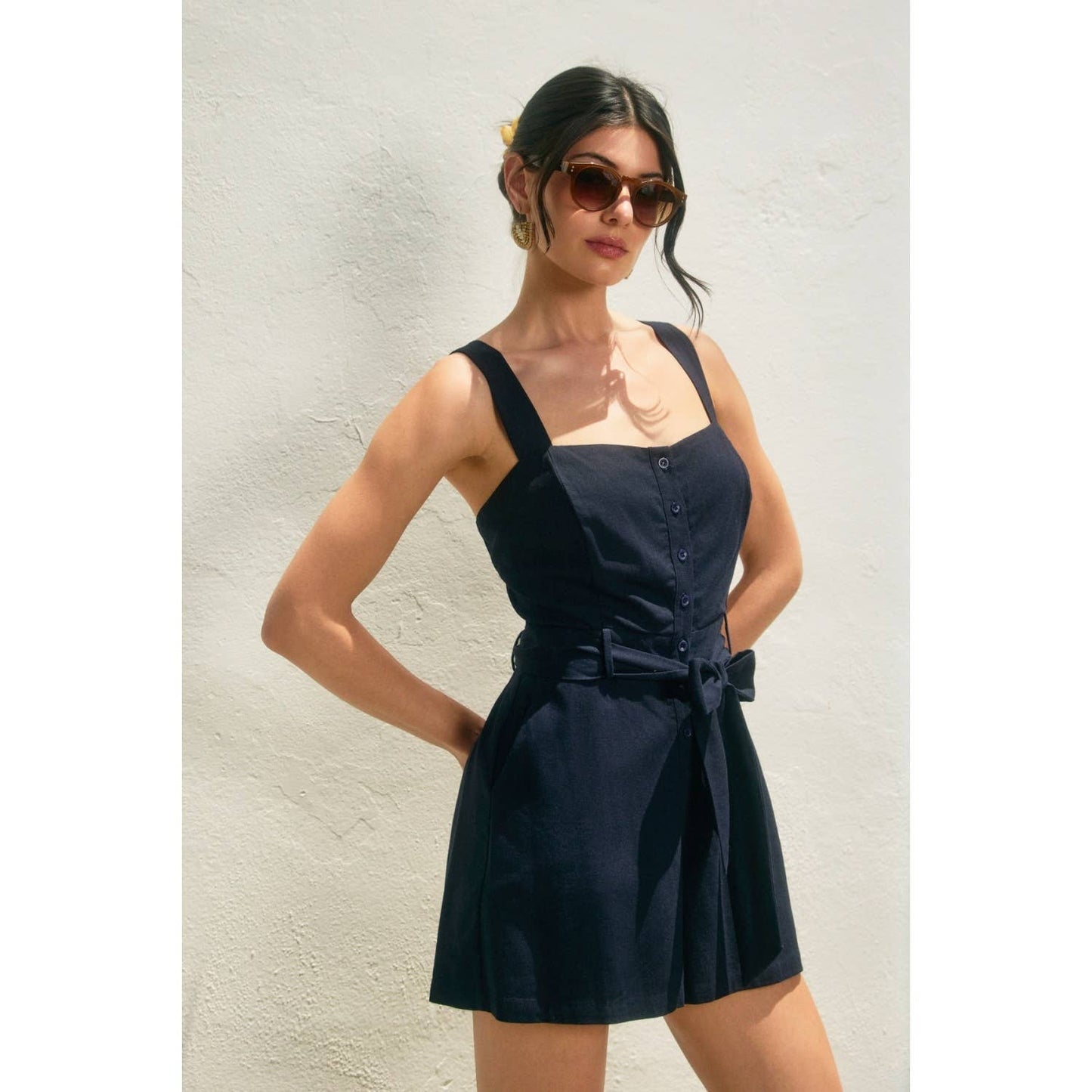 Heaven Sent Button Down Romper: NAVY / FR12522-P1465_1