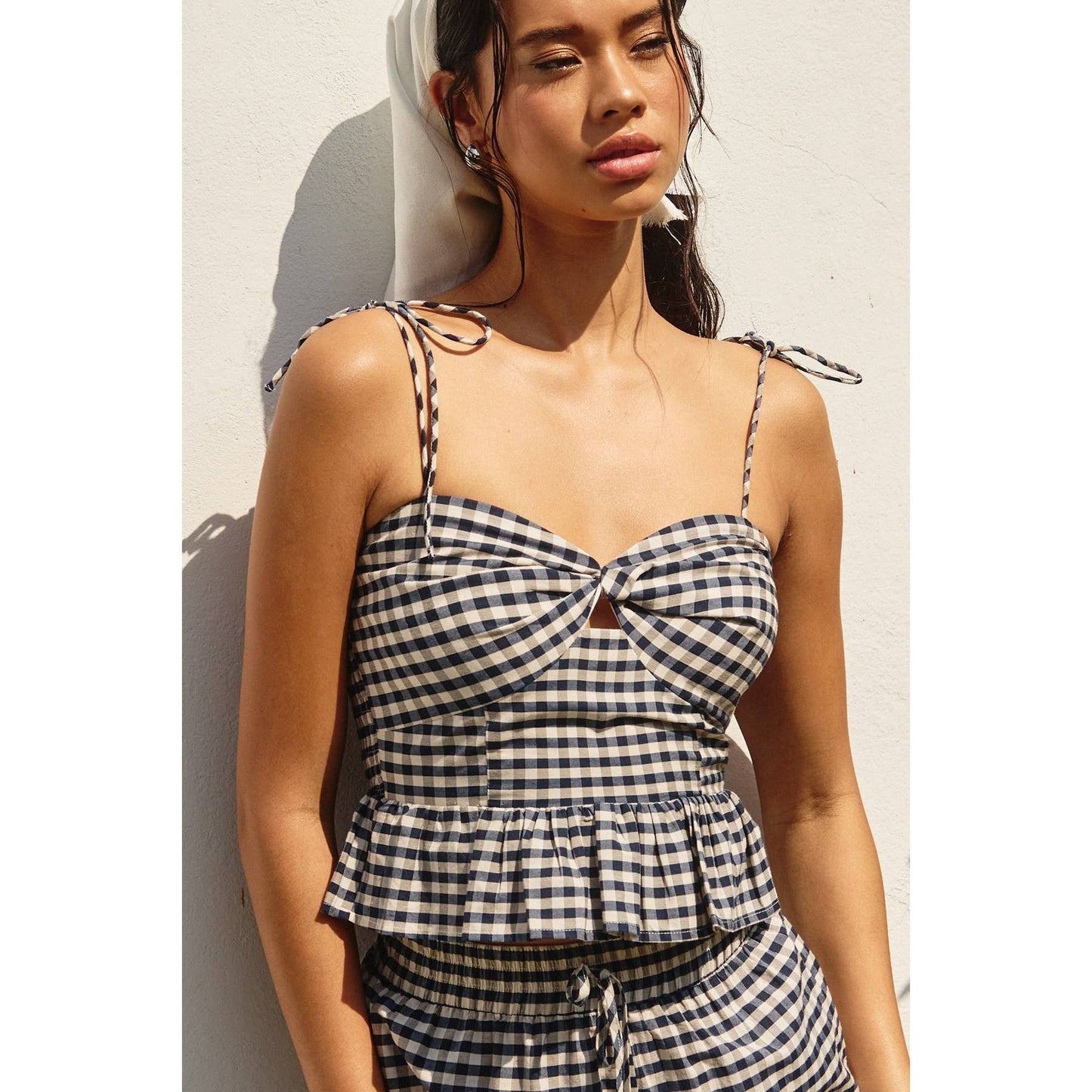 Brunch Date Tie Shoulder Twisted Top: NAVY NATURAL / FT12355-CP409_1