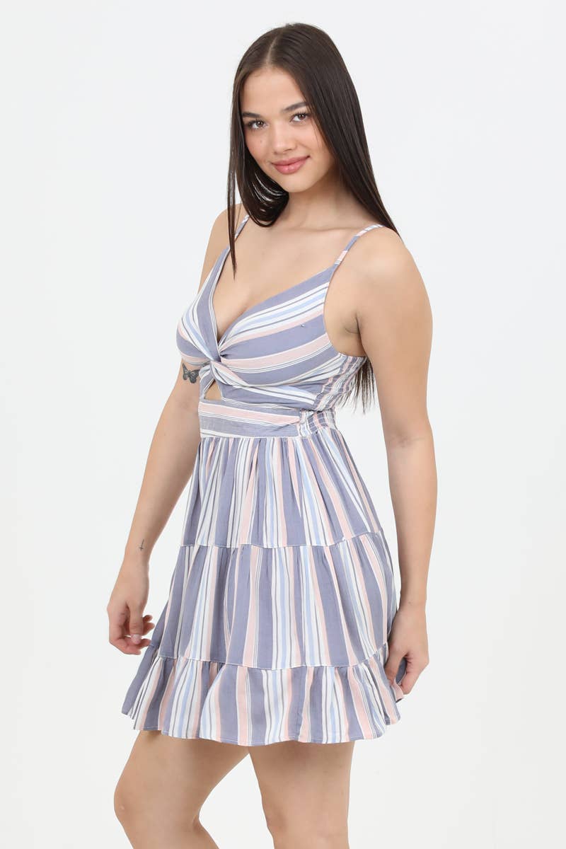C4143-W975 TWIST FRONT KEYHOLE STRIPED DRESS
