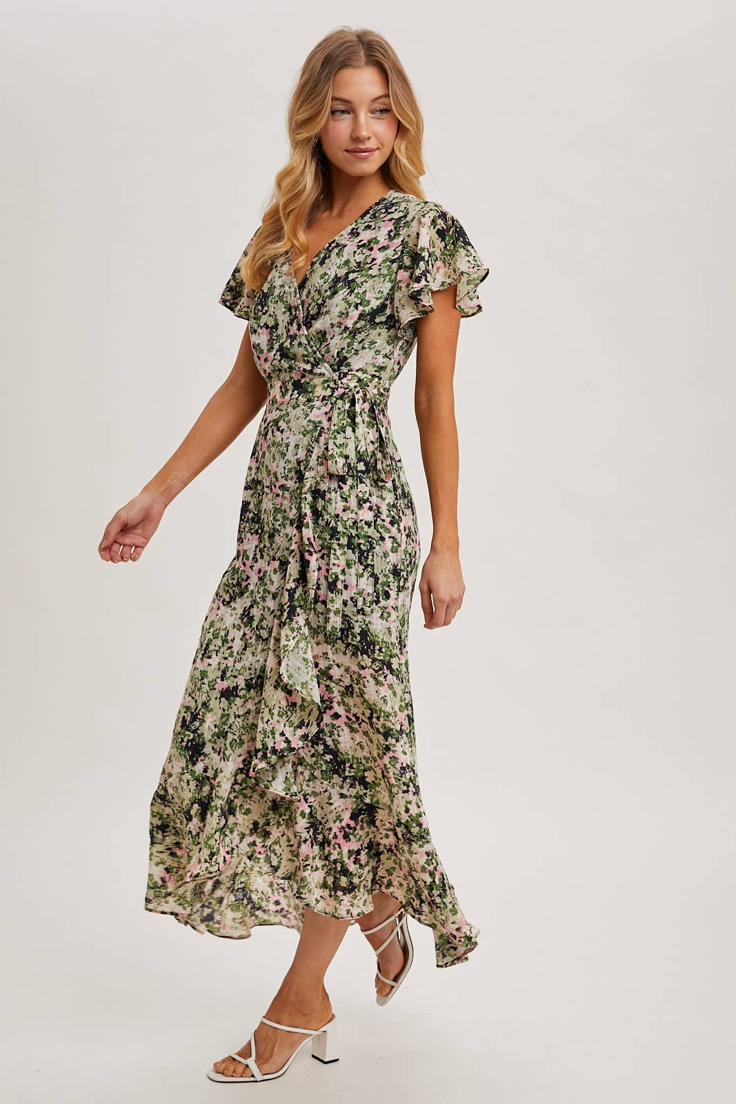 FLORAL PRINT WRAP RUFFLED MIDI DRESS: BLUE D02356