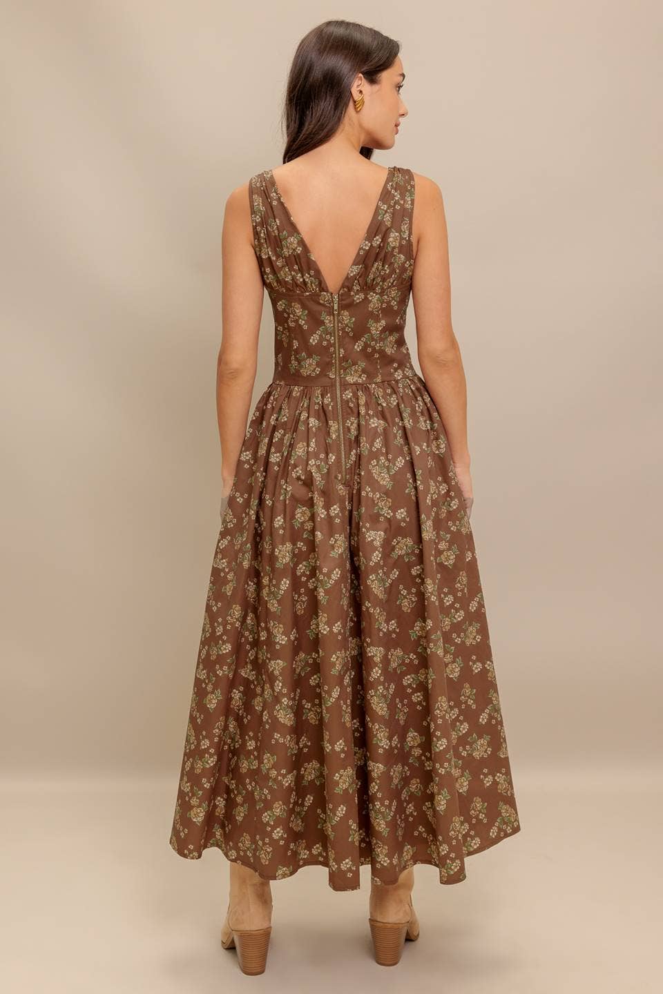 A printed woven midi dress - ID22976: Brown