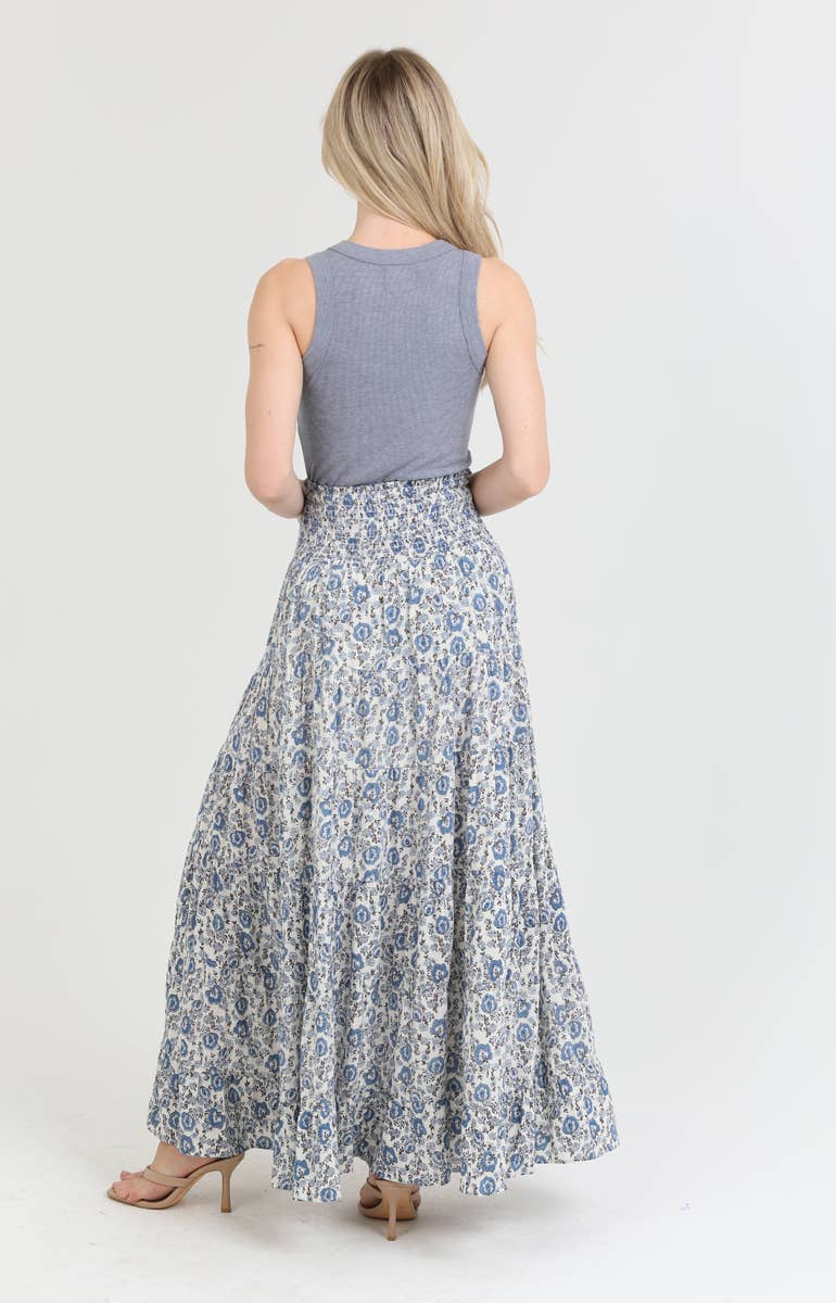 26P57-FR44 TIERED A LINE MAXI SKIRT WITH SMOCKED WAIST