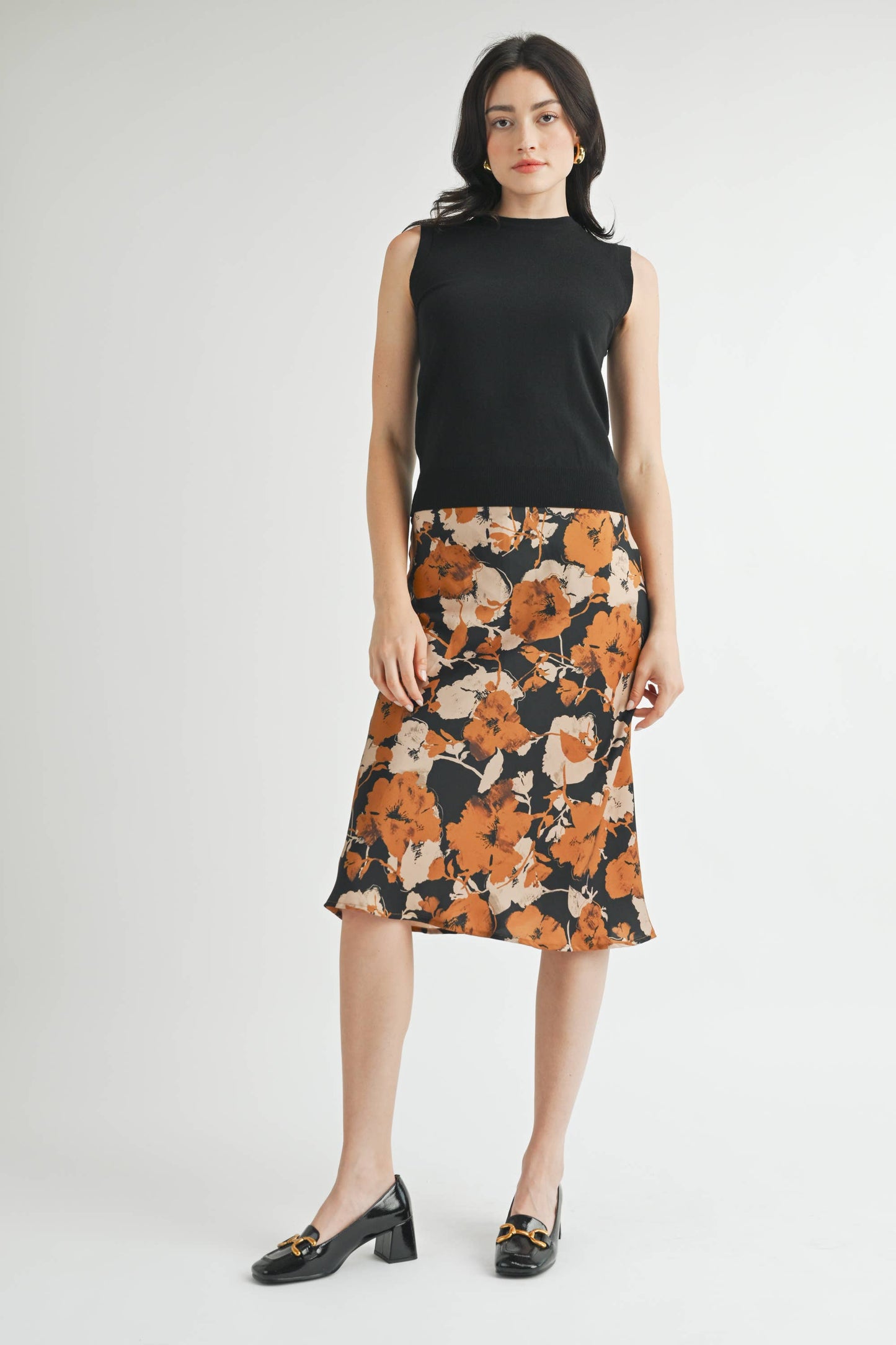 FLOWER PRINT BIAS CUT MIDI SKIRT : BLACK COMBO / FS67306
