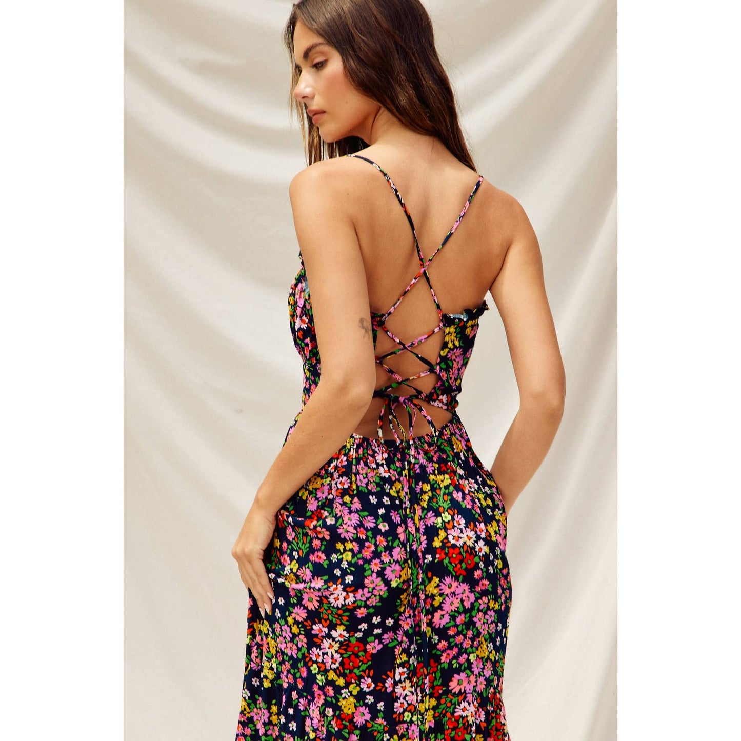 Full Bloom Corset Tie Back Dress: MIDNIGHT DAISY / FD9332-P1478