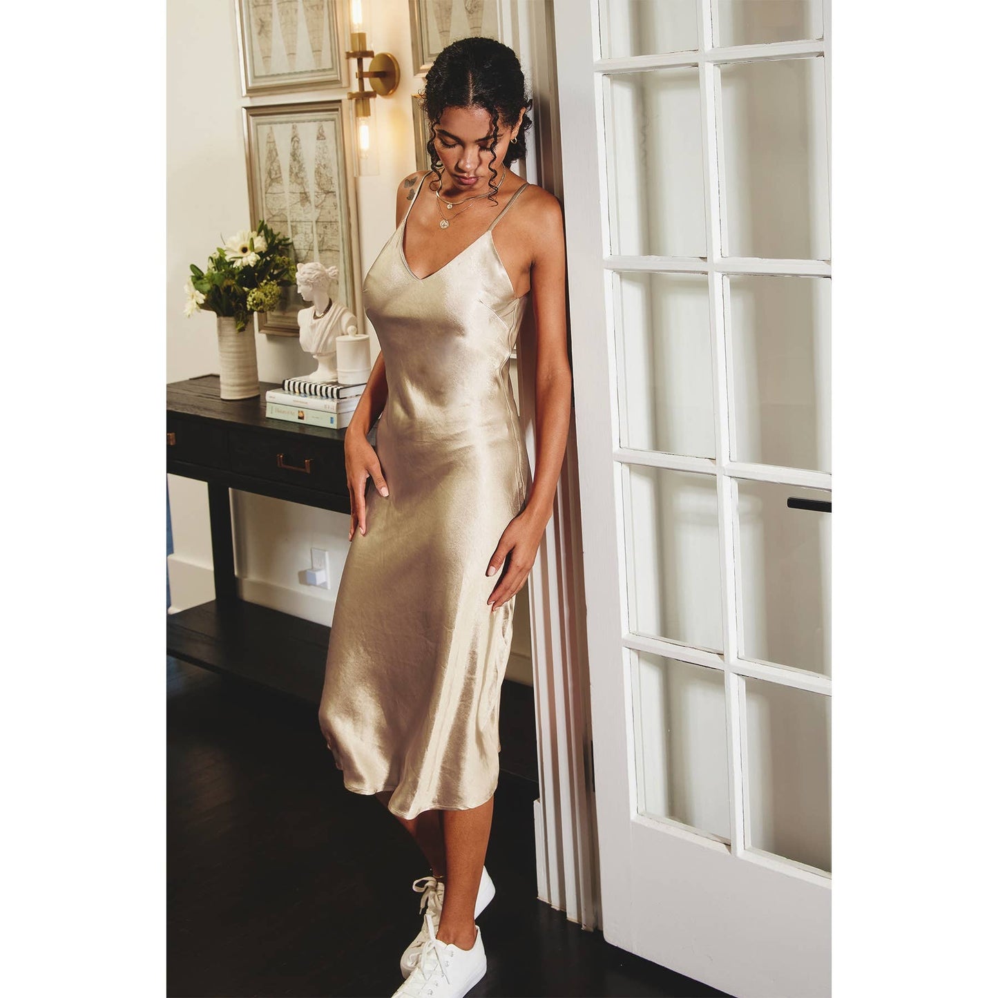 FD3760-P1500 Reflection Bias Cut Midi Slip Dress: PEARL