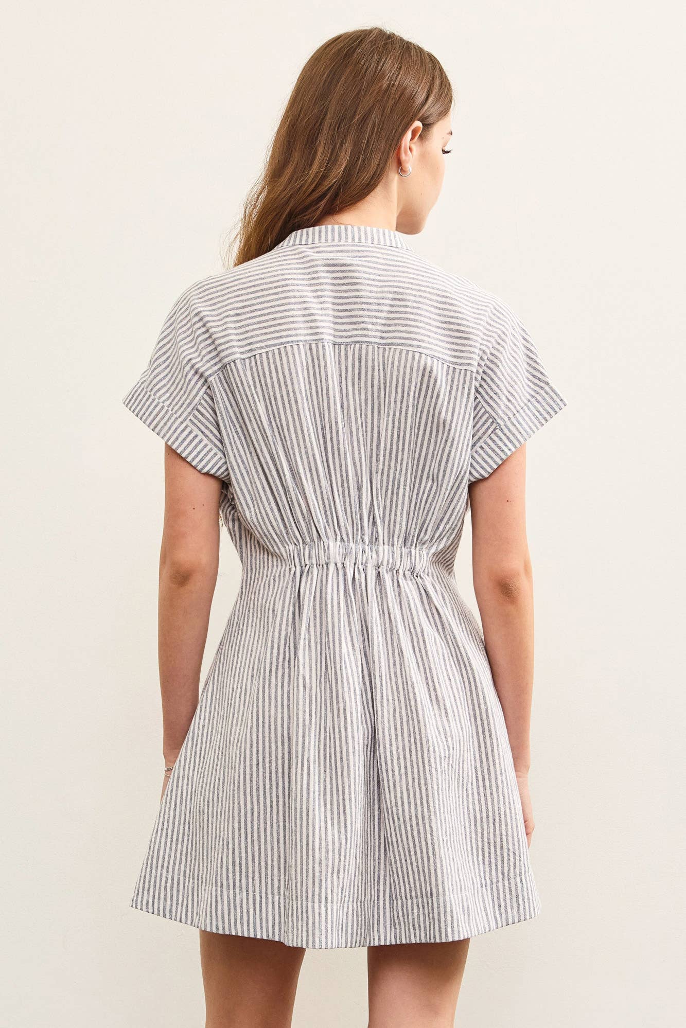 STAND UP COLLAR PLEATED WAIST FLARE DRESS: DENIM / S24577