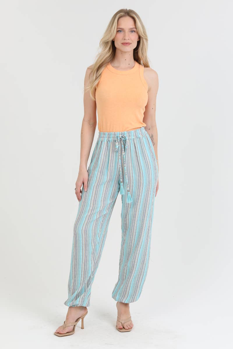 B3247-SK46 STRIPED JOGGER PANTS WITH ELASTIC WAIST AND POCKE