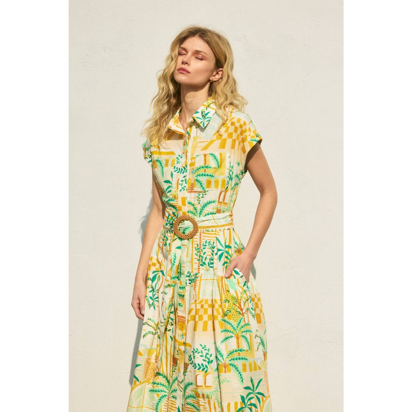 Dance In The Sand Sash Belt Shirt Dress: GREENHOUSE / FD11740-P1883
