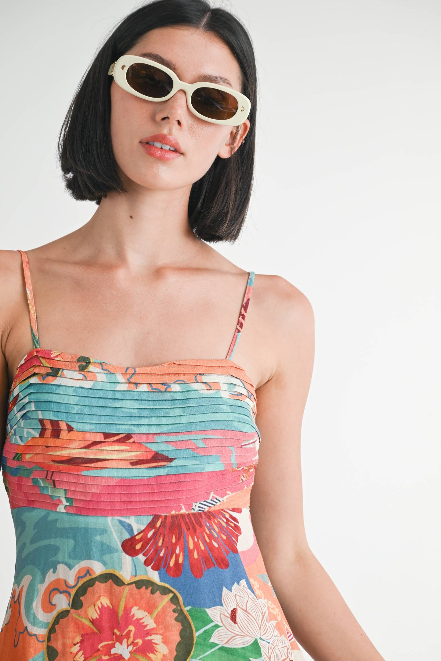 A LINE SLEEVELESS MINI DRESS: TANGERINE TEAL PRINT / IPA2252D