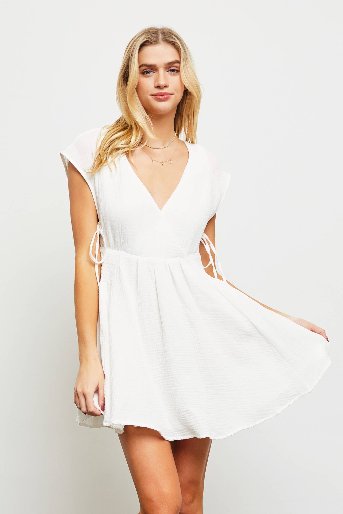 S22546 STRIPE TIE DETAIL DRESS: ALOE VERA