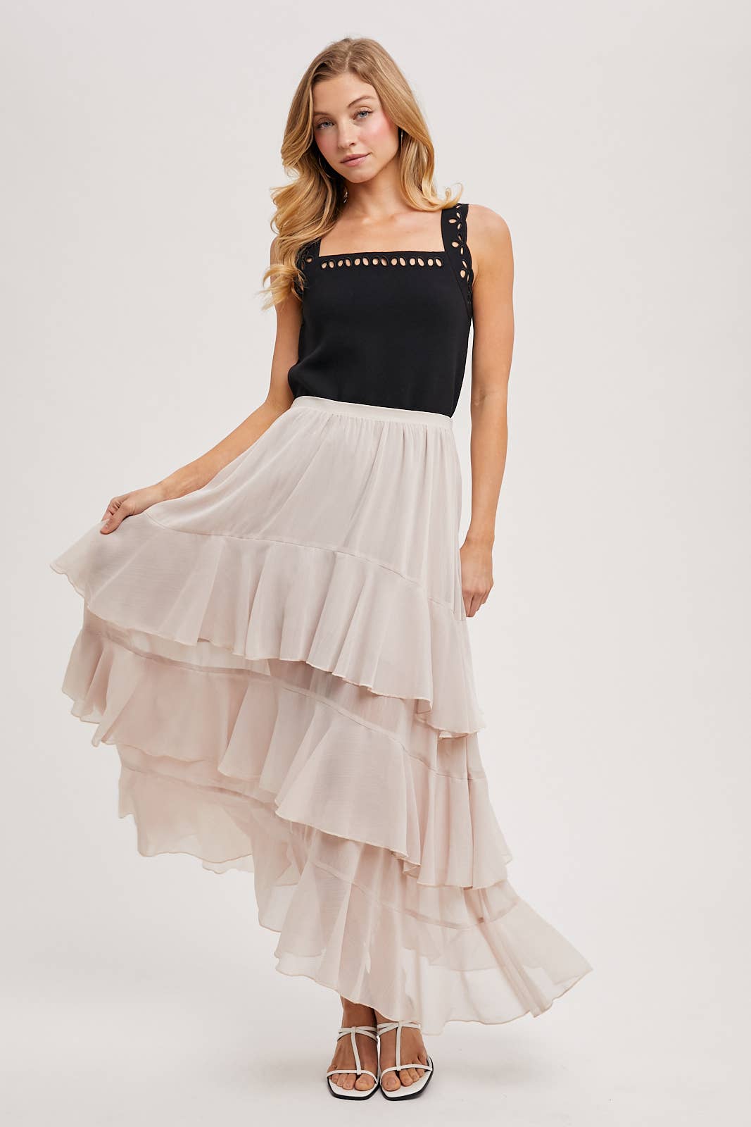 TIERED RUFFLE MAXI SKIRT WITH LINING: Black B02722