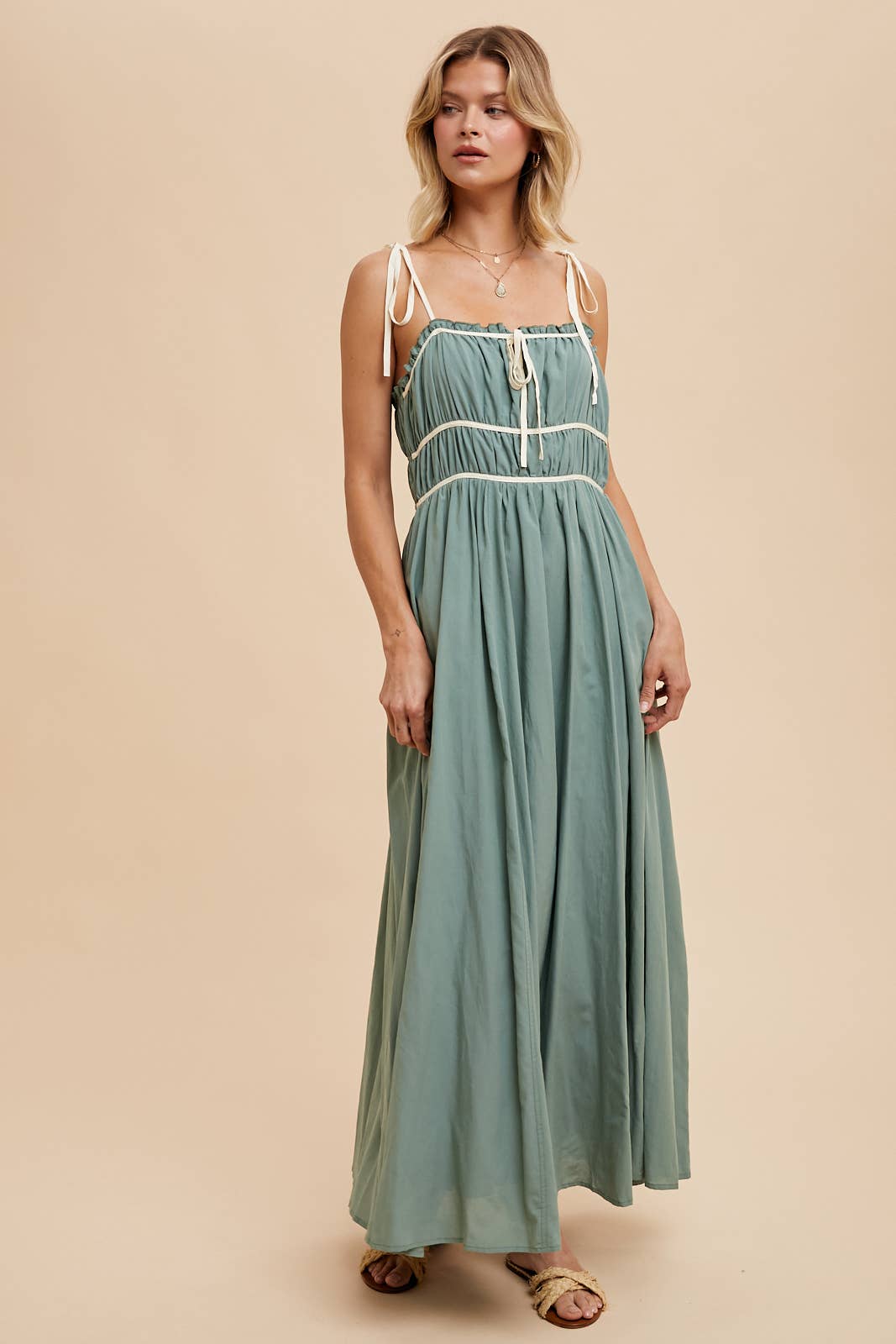 COTTON BLEND CONTRAST TRIM MAXI DRESS: EUCALYPTUS / ILD5742