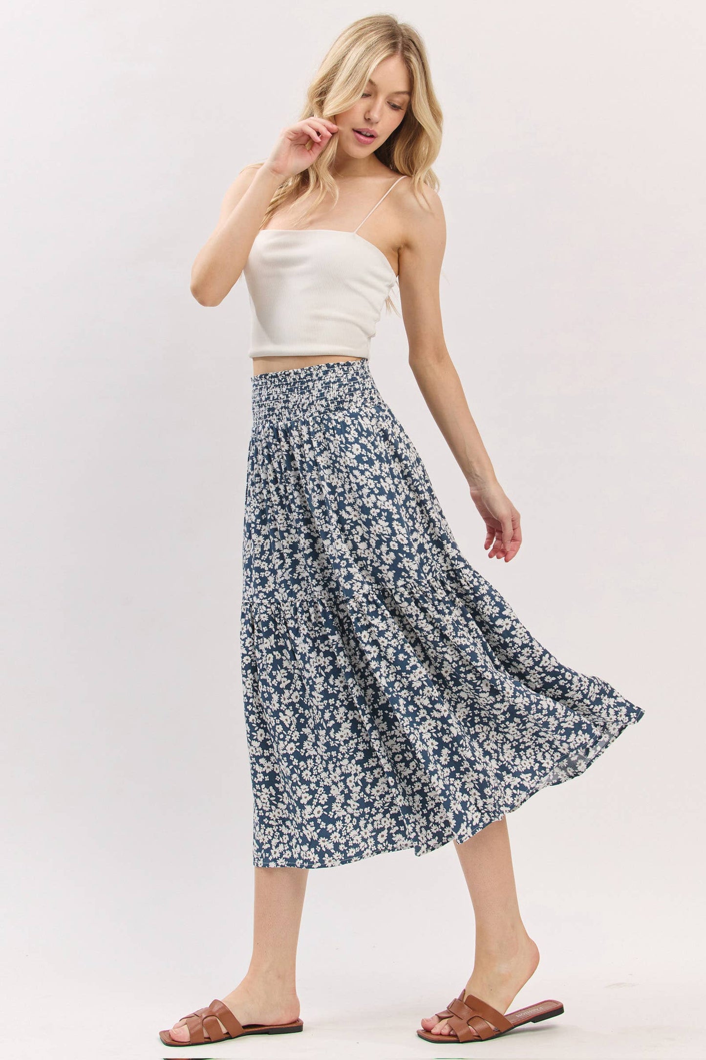 Print Tiered Midi Skirt - VS3533A: Taupe