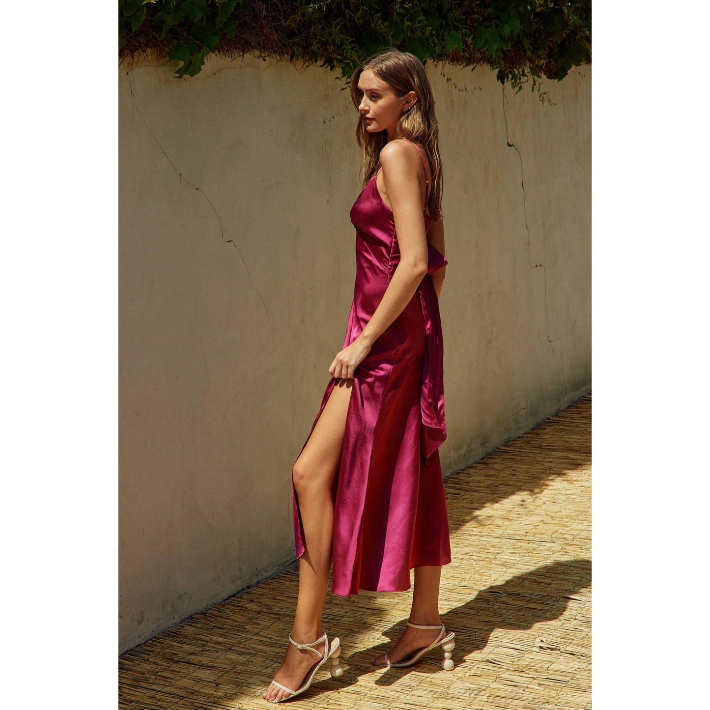 Satin Tie-Back Slit Midi Dress: SANGRIA / FD4571_1