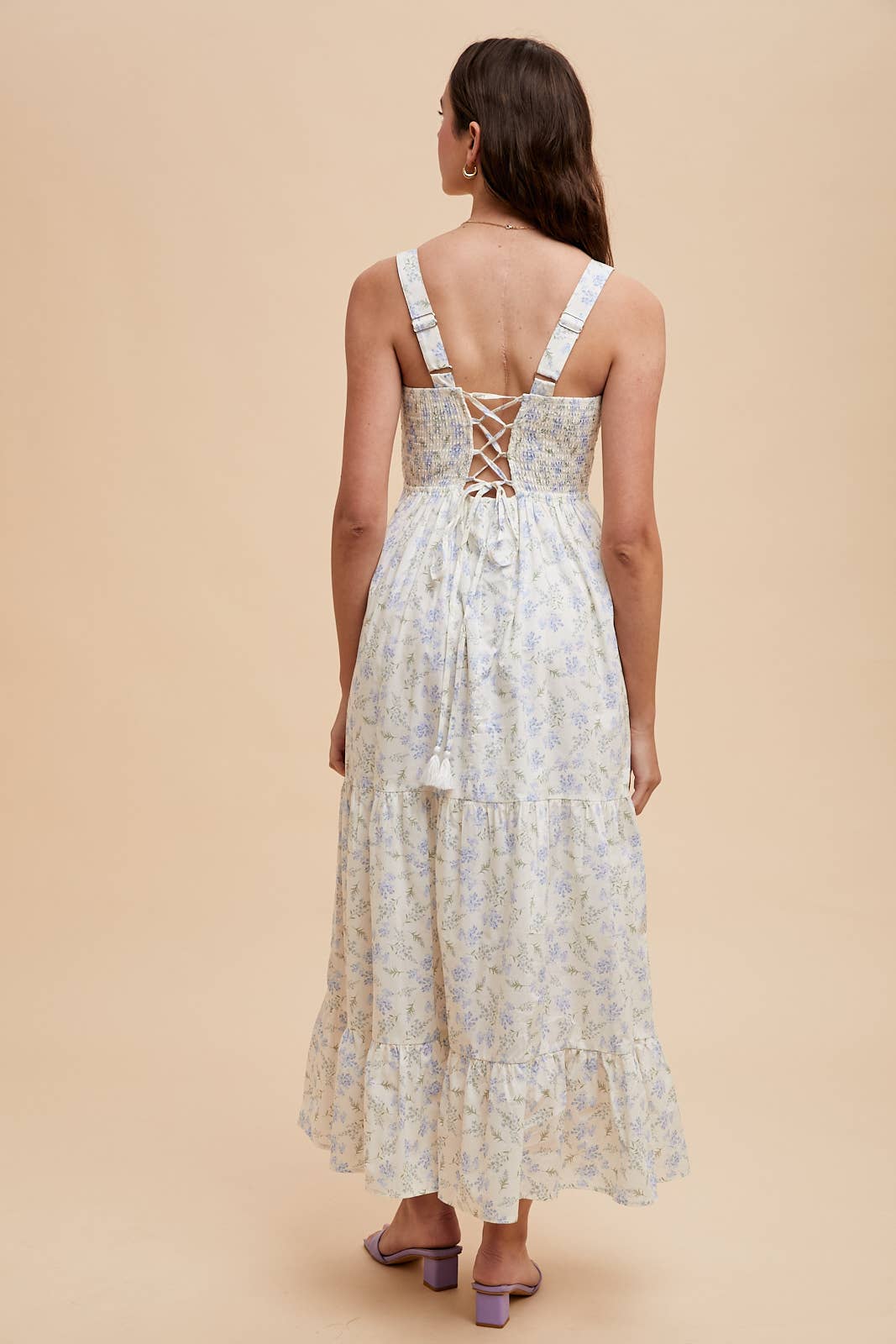 SMOCKED COTTON FLORAL MAXI DRESS: FRENCH BLUE / ILD6312-A