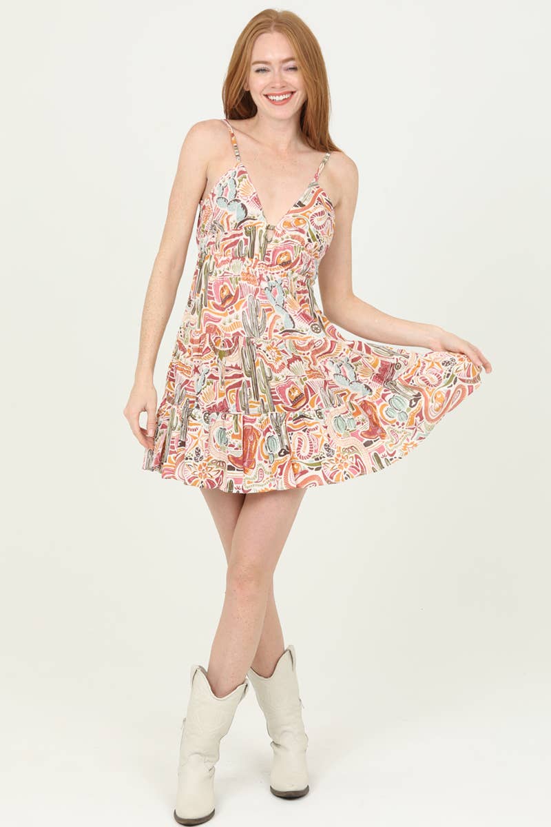 F4H12-WA75 CACTUS BOOT WESTERN PRINT V NECK OPEN BACK DRESS