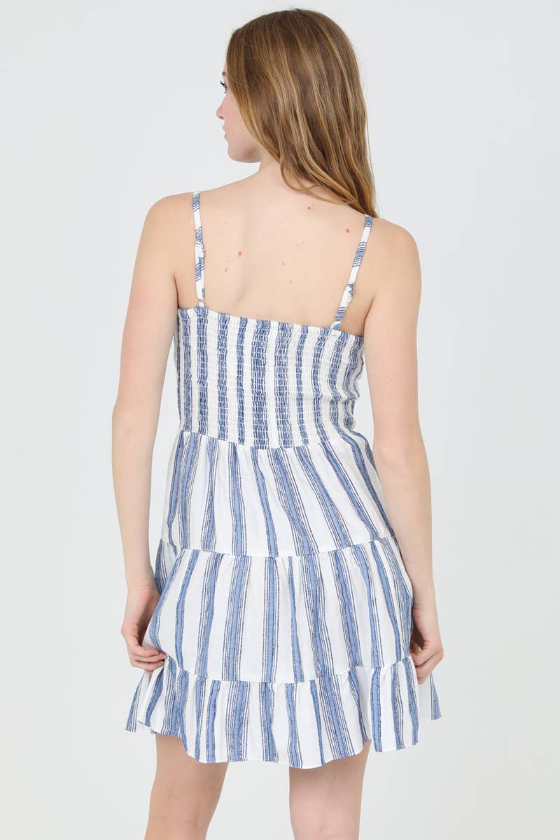 C4143-PAN51 STRIPED V NECK TWIST FRONT CUT OUT SUNDRESS