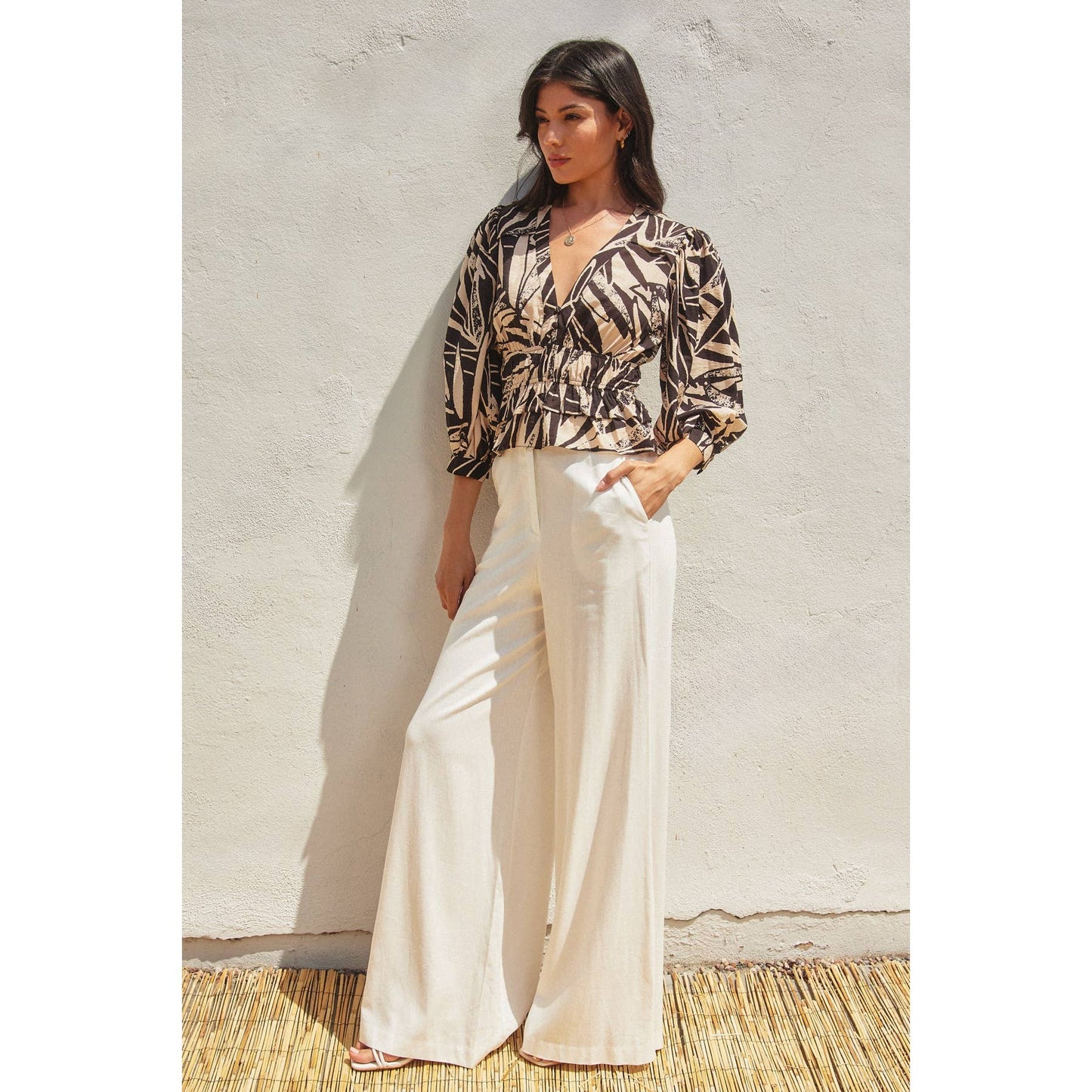 Hi Hello Cinched Waist Flared Hem Top: SHIFTING SAND / FT12174-P1858