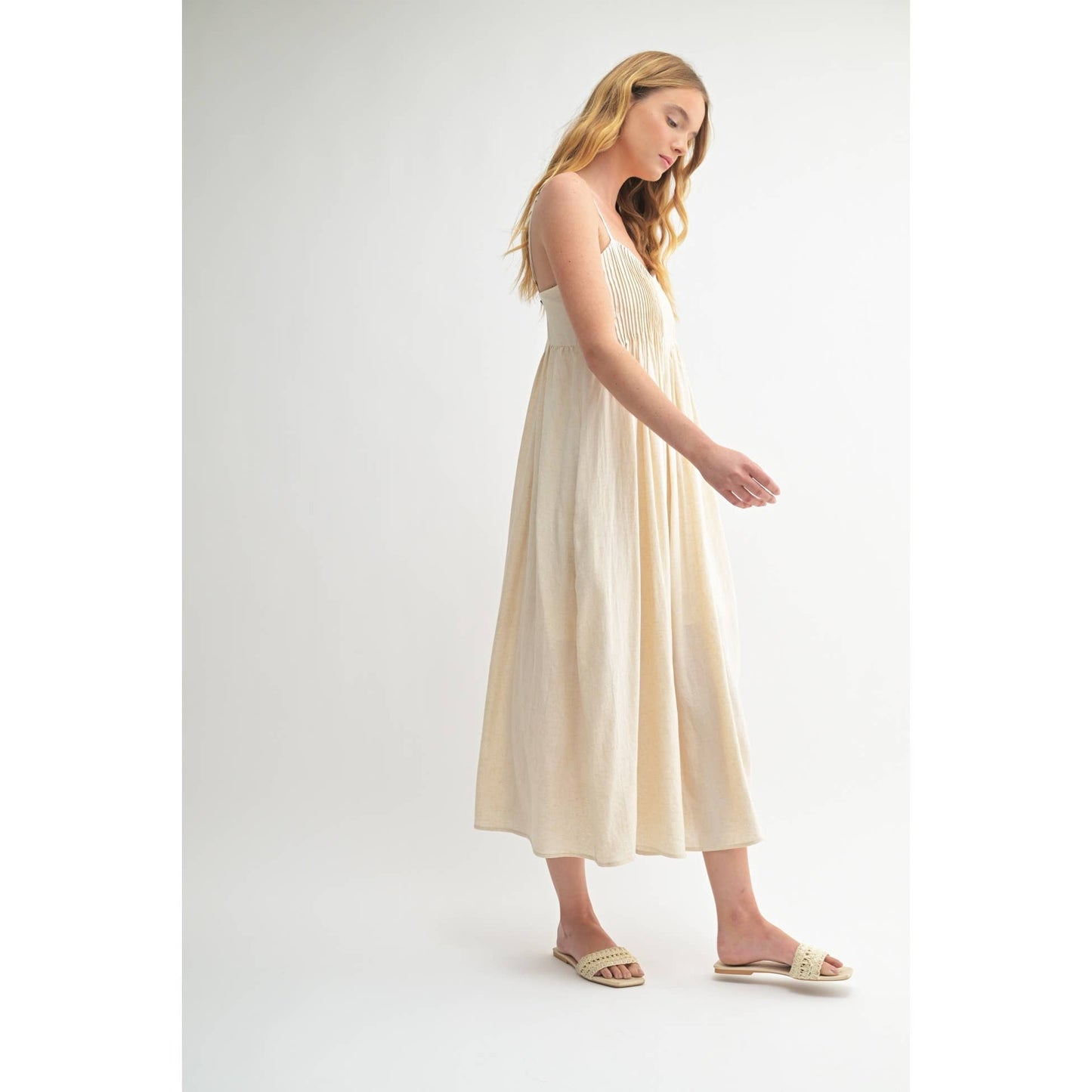 LINEN BLEND PINTUCK DRESS: Natural / FD68516_3