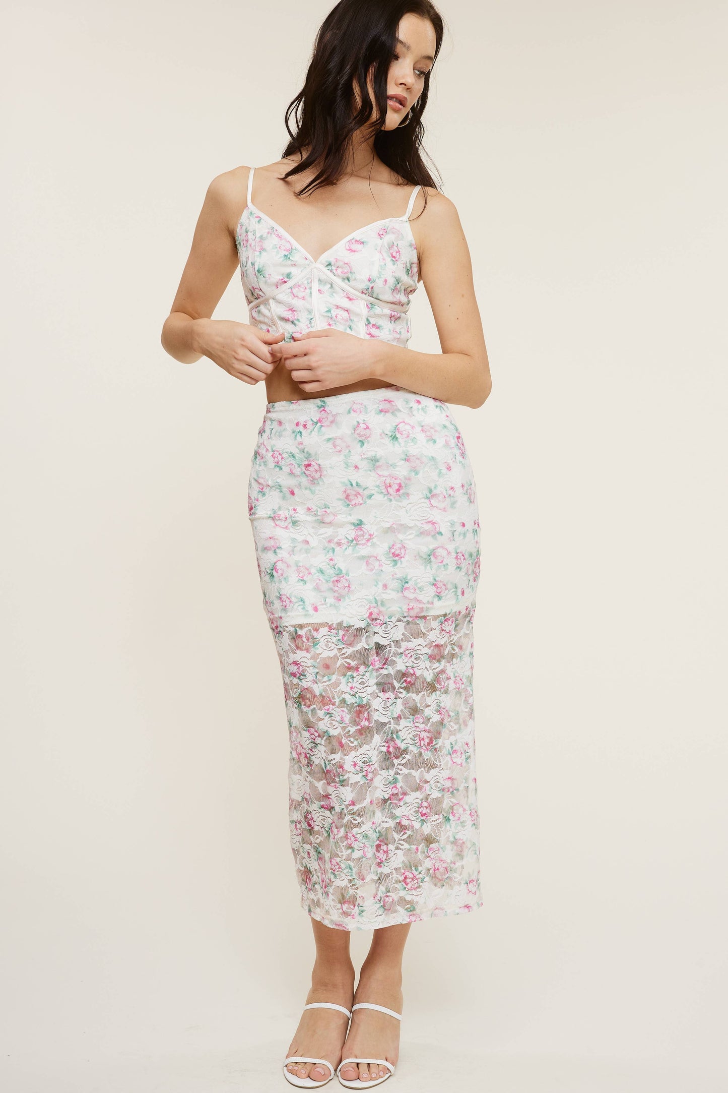 💖Only Top💖 MS8057 FLORAL LACE TANK + MIDI SKIRT : Baby Blue