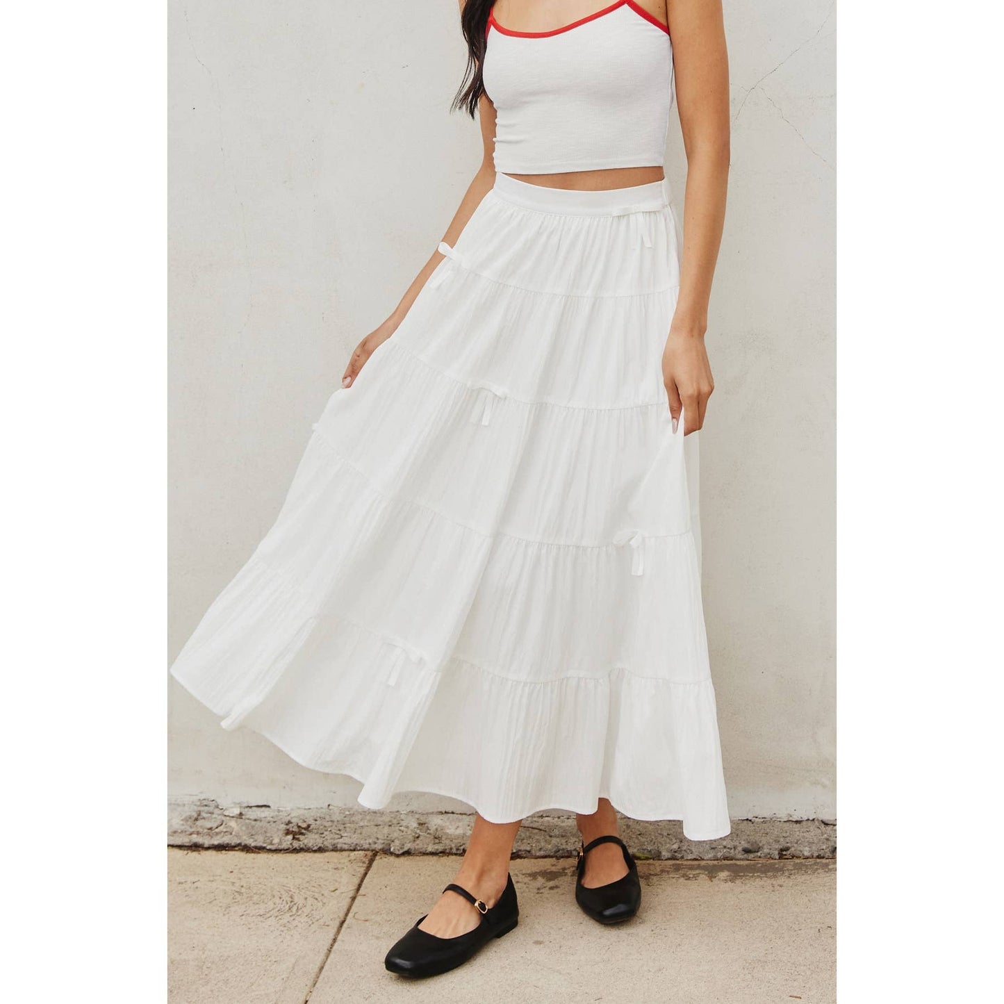 Polka Bow Tie Tiered Skirt: BLACK / FS12417-CP444