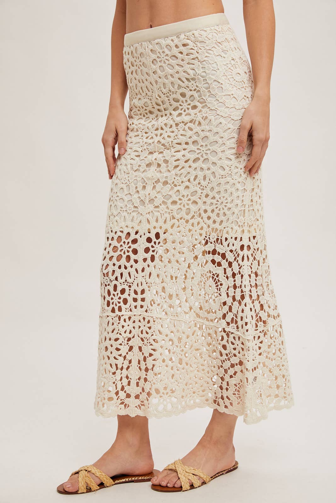 CROCHET MIDI SKIRT WITH LINING: NATURAL / B02609