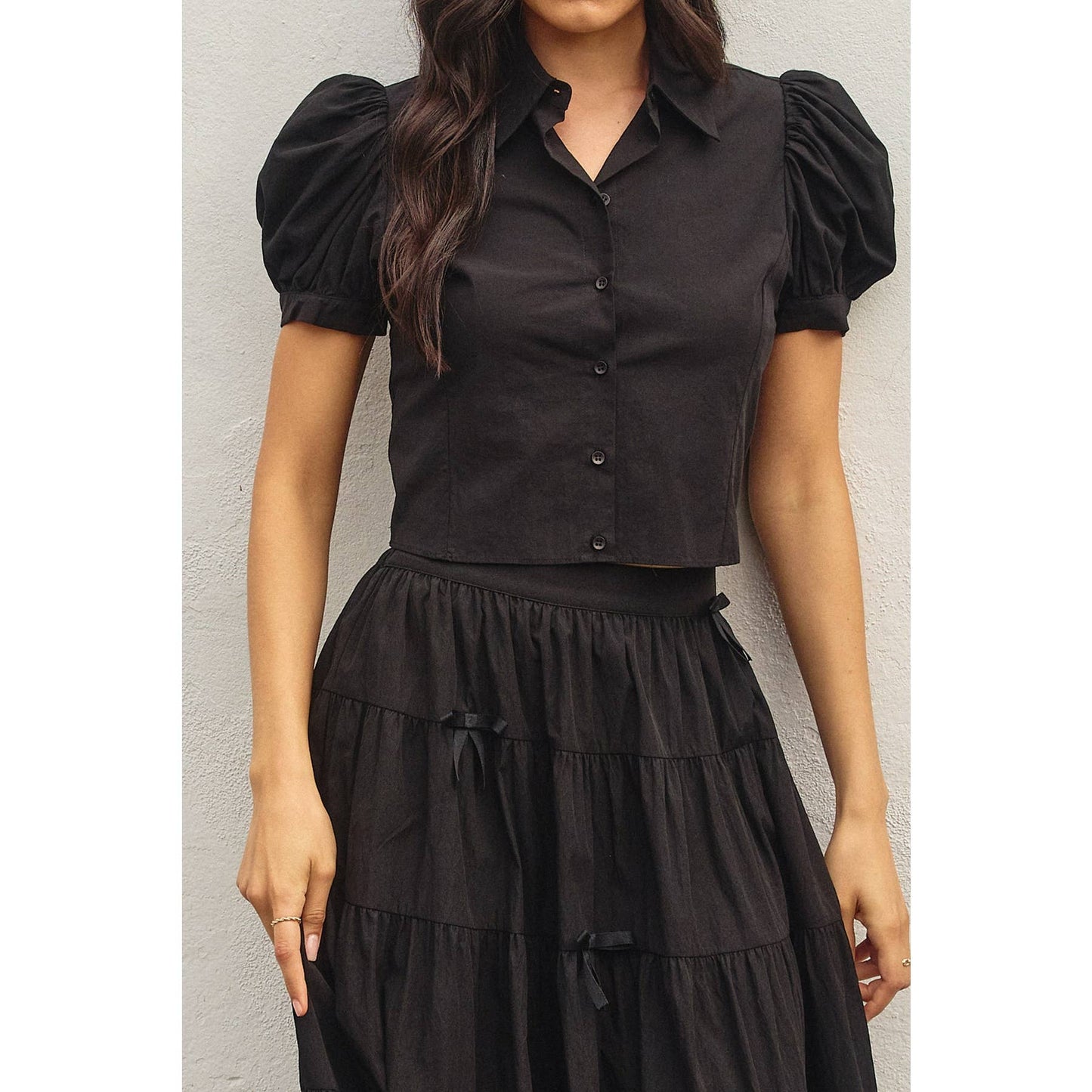 Polka Bow Tie Tiered Skirt: BLACK / FS12417-CP444