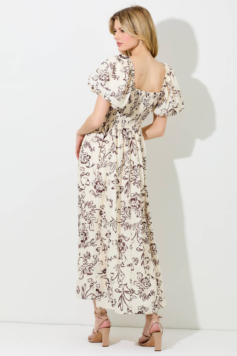 FLORAL PRINT BUBBLE SLEEVE MAXI DRESS: BD5703-D