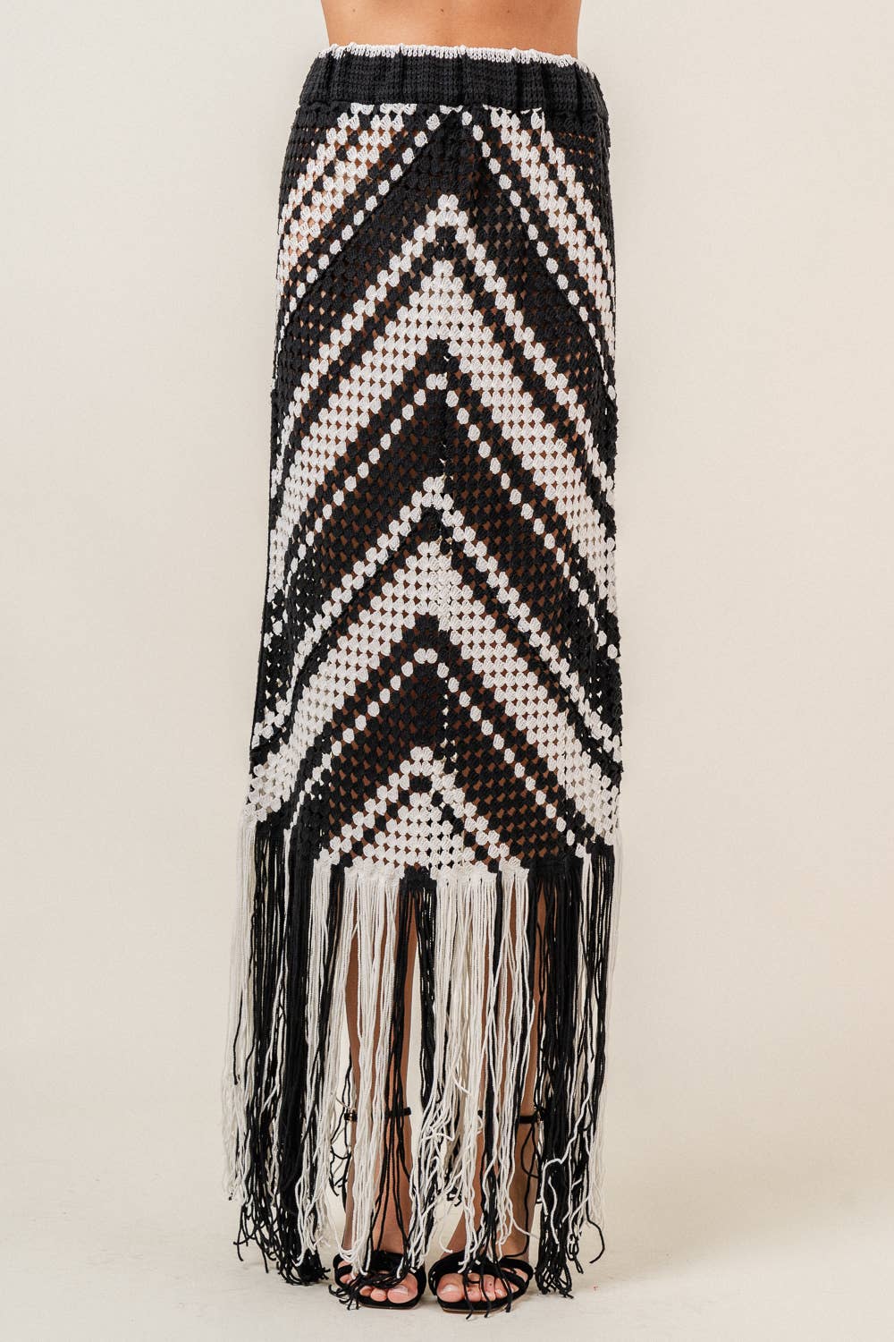 RESORT BEACH CHEVRON CROCHET FRINGED MIDI SKIRT-SI3997FO: Ivory/Navy