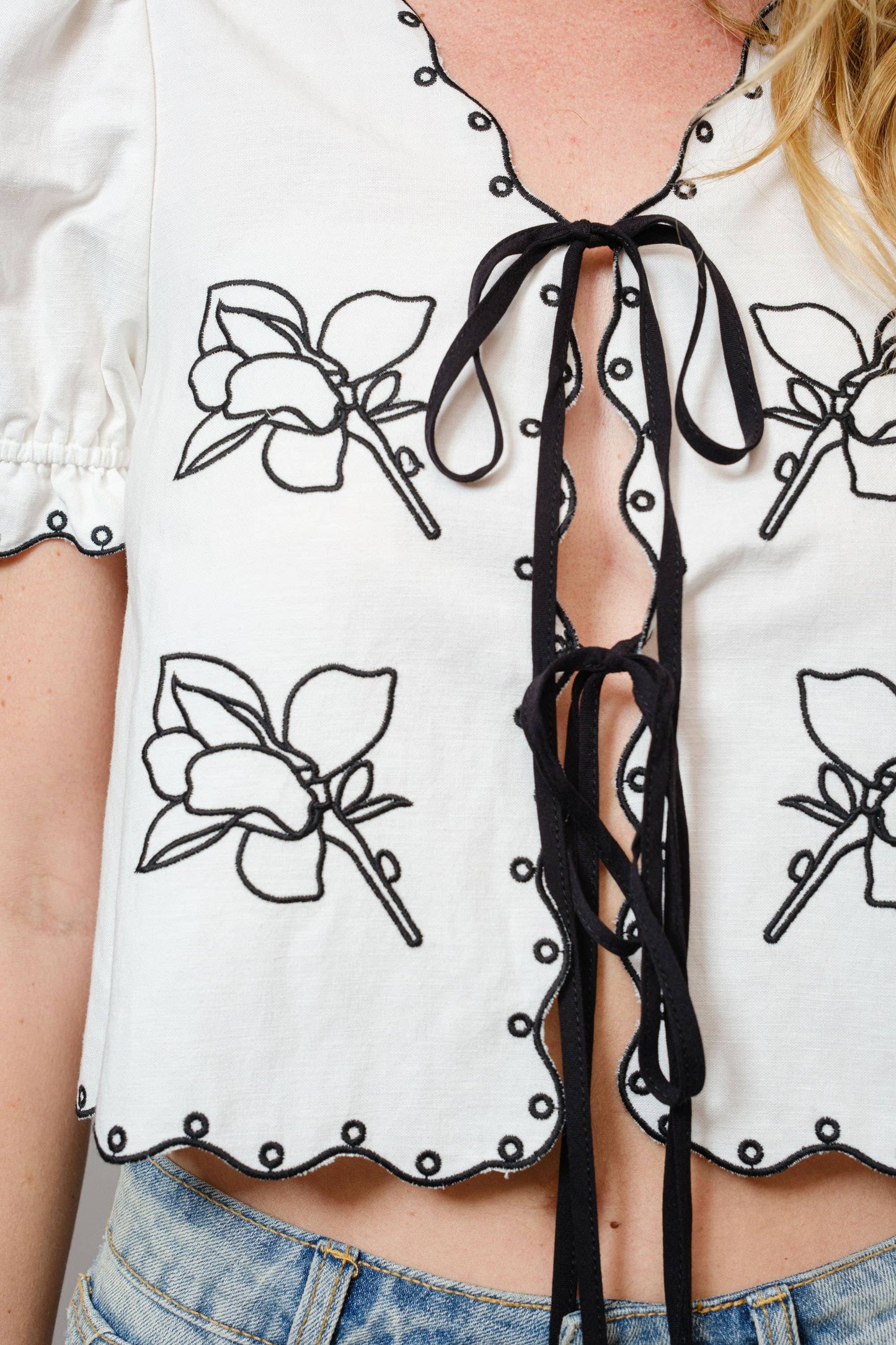 99387T - Puff Sleeve Embroidered Tie Front Blouse : WHITE / BlueB