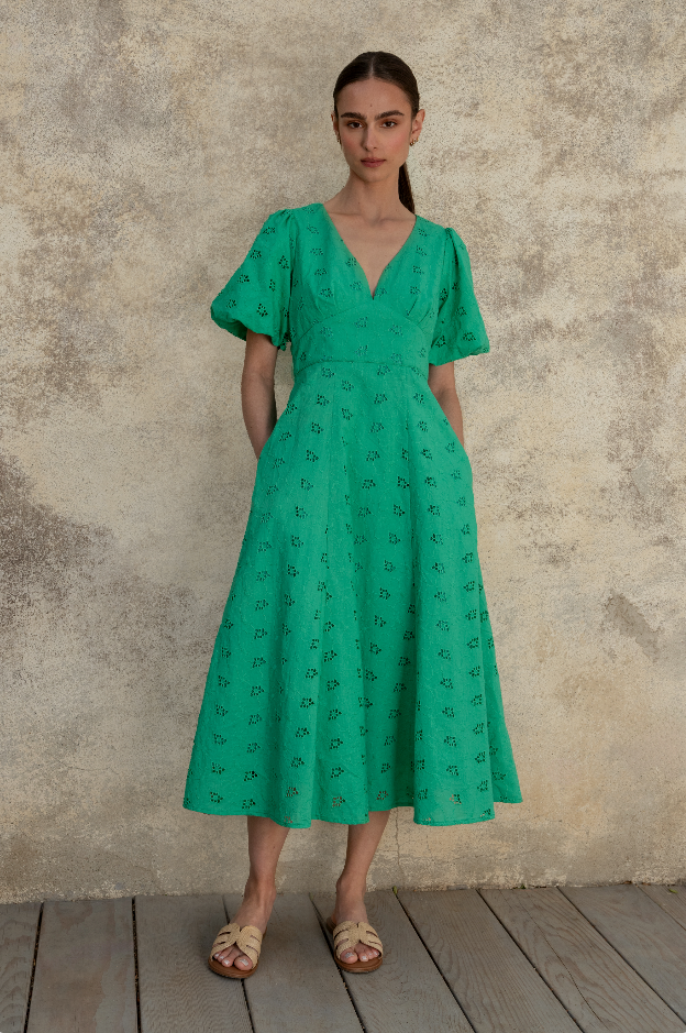 COTTON EYELET DRESS: JADE GREEN / ILD6297-1