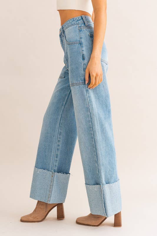 High Waisted Wide Leg Cuffed Jeans: Lt Denim / IP3143