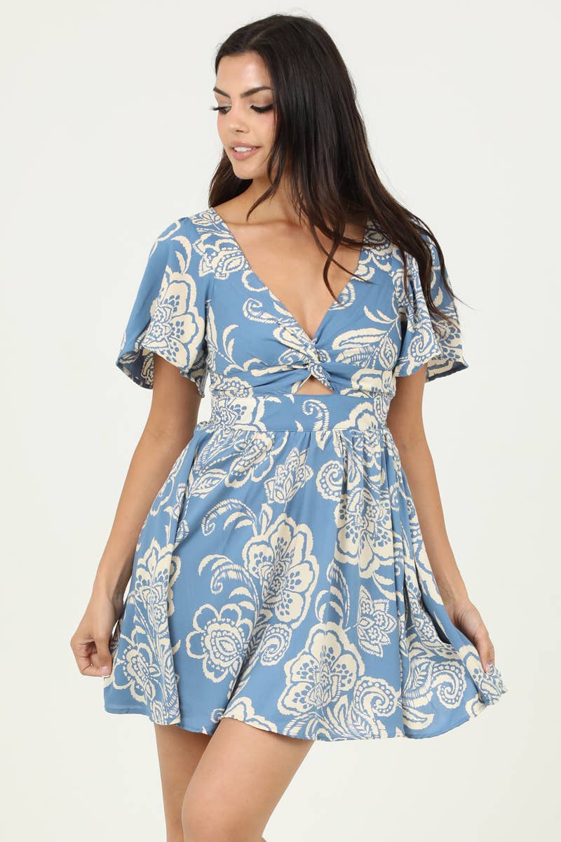 C4458-A888 V NECK TWIST FRONT SHORT SLEEVE DRESS W CUT OUT