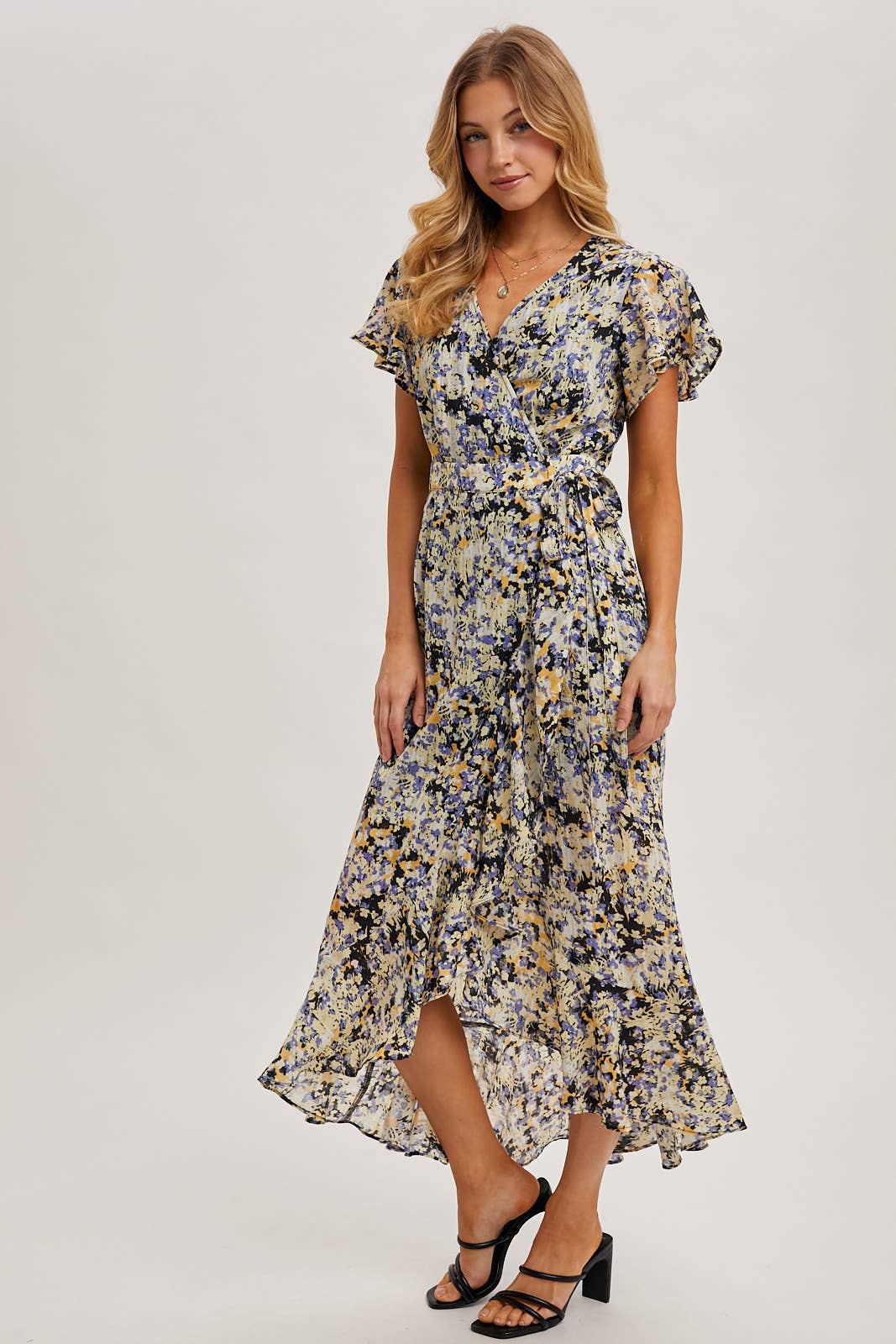 FLORAL PRINT WRAP RUFFLED MIDI DRESS: BLUE D02356