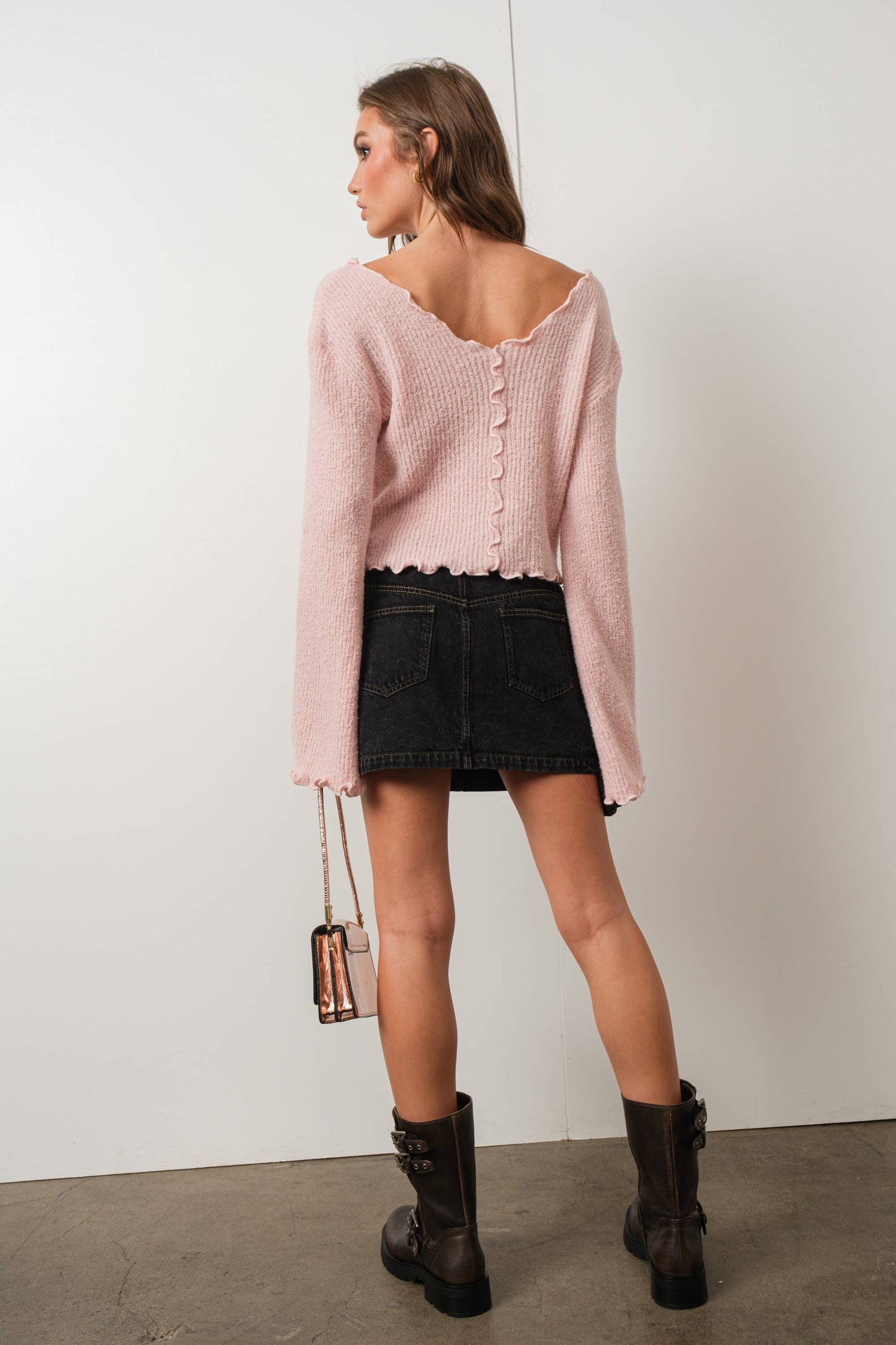 PDT687 V NECK BOUCLE KNIT SWEATER TOP: TAUPE