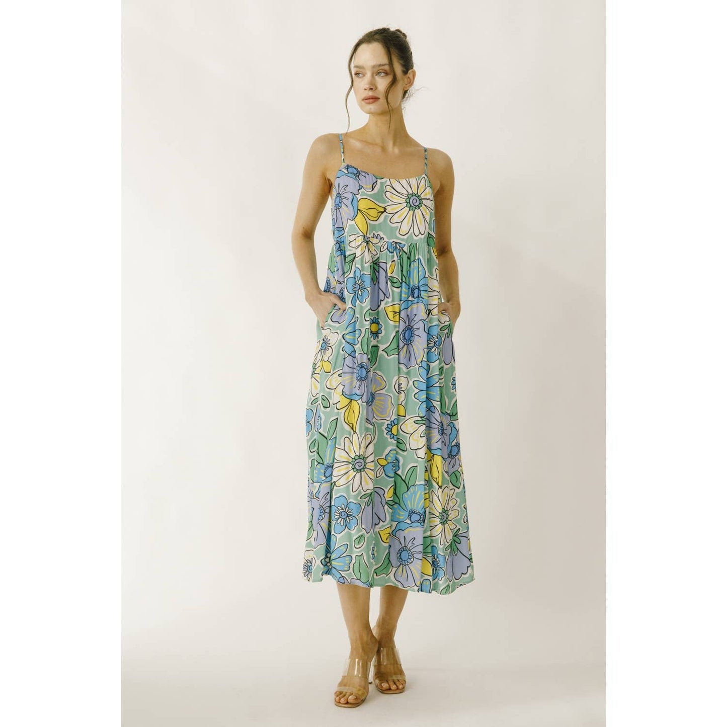 JD4711-1- LARGE BRIGHT FLORAL BABY DOLL MIDI DRESS: GREEN