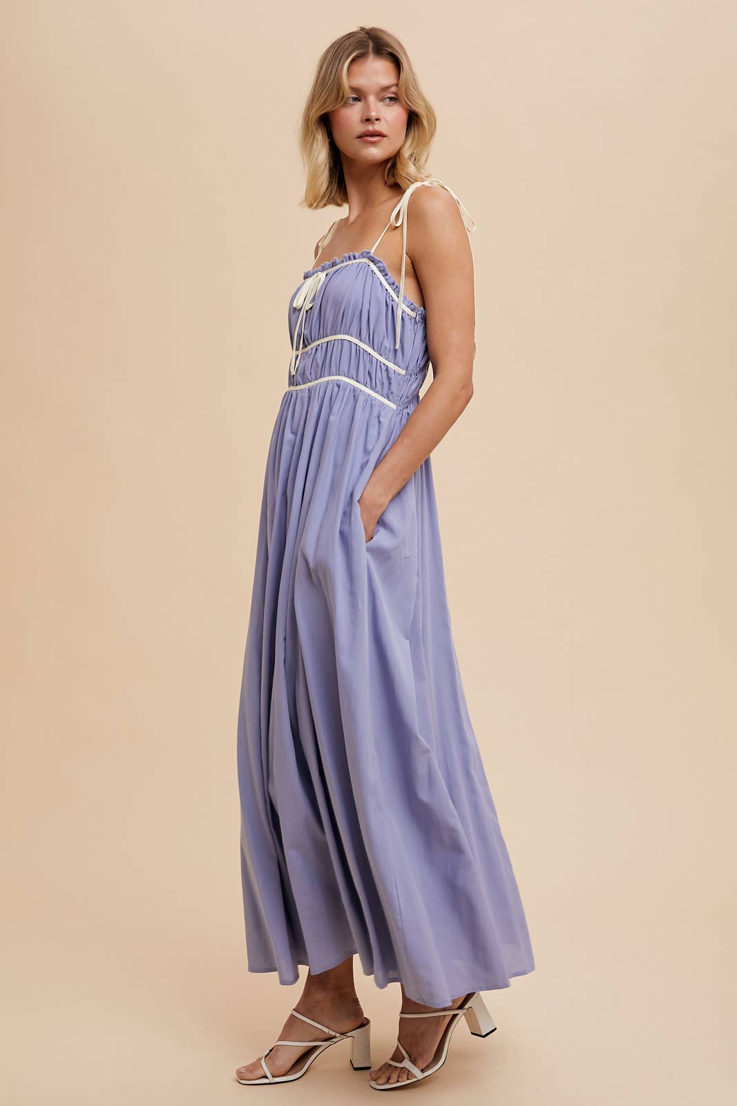 COTTON BLEND CONTRAST TRIM MAXI DRESS: BUTTERCREAM / ILD5742
