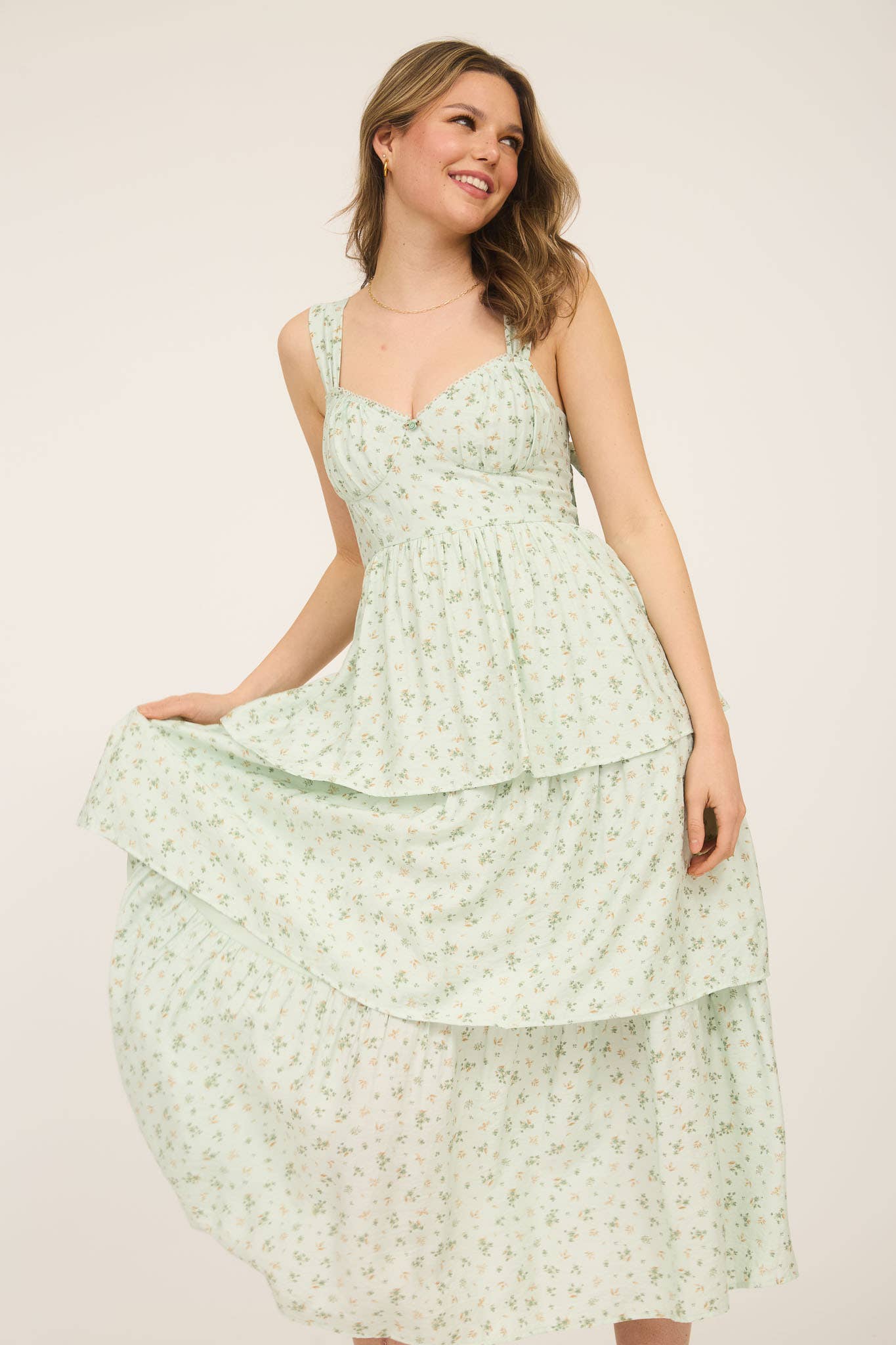 FLORAL SLEEVELESS CORSET RUFFLE TIERED MIDI DRESS: BLUE TB8824