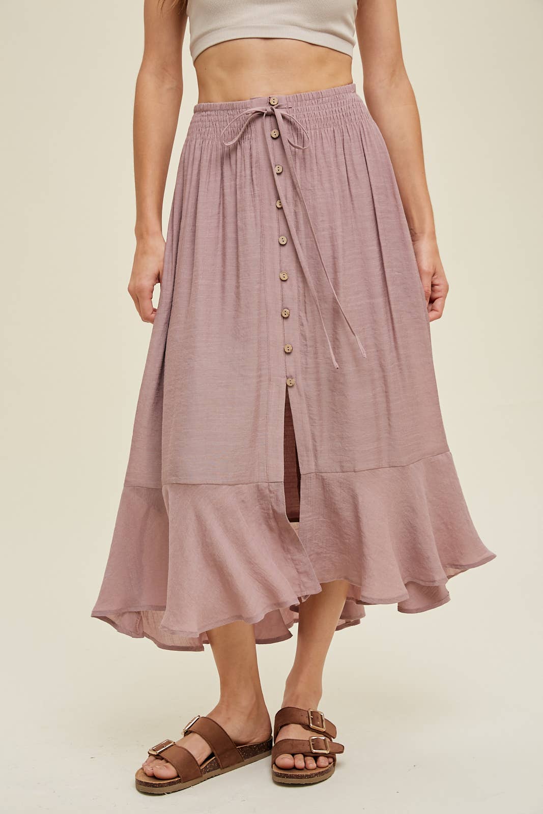 BUTTON-UP MIDI SKIRT WITH DRAWSTRING / WL23-7528: HAZELNUT