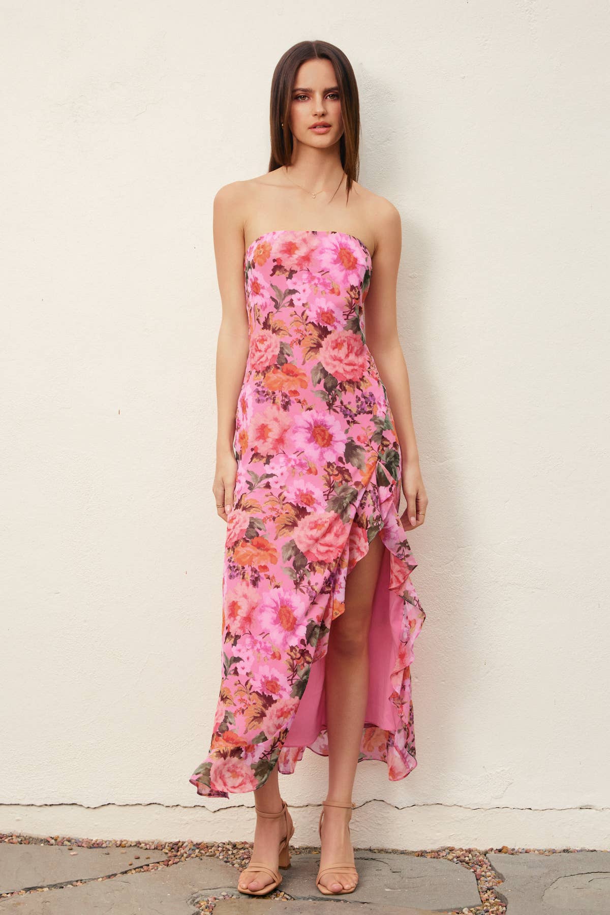 Garden Party Strapless Ruffled Slit Maxi Dress: ROSE LAVENDER / FD12726-P2091