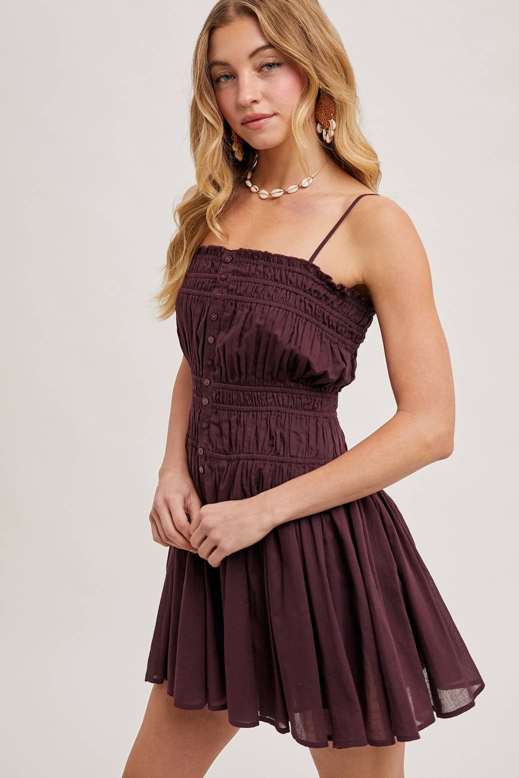 SMOCKED BUTTON DOWN SLEEVELESS MINI SLIP DRESS: PLUM / D02287