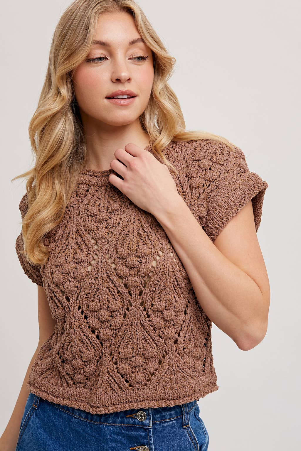 KNIT SWEATER SHORT SLEEVED PULLOVER: NATURAL / T01998