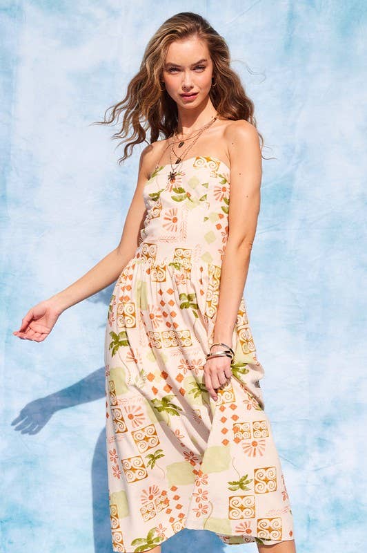 Printed Midi Tube Dress: Cream IM8543