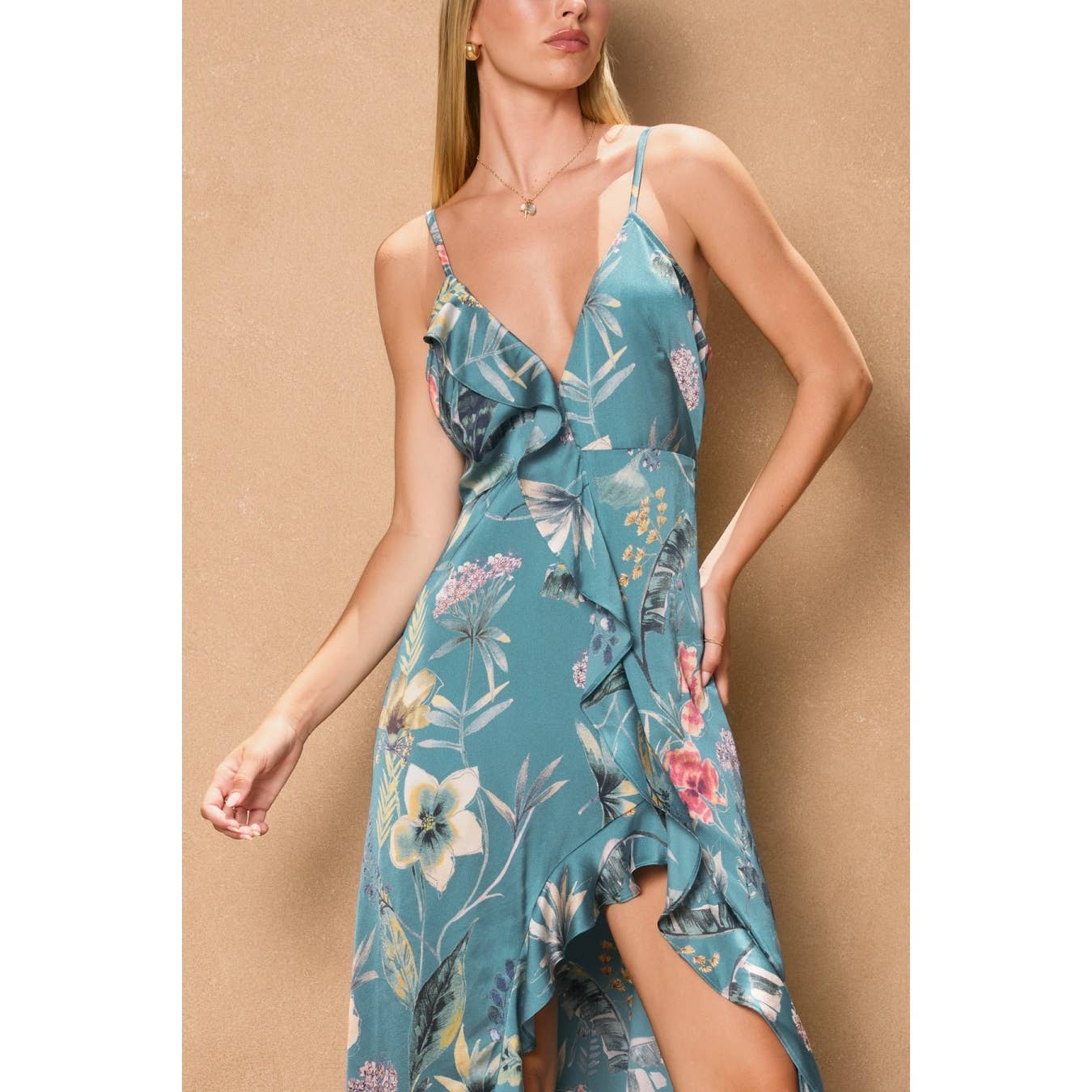 Palm Sky Asymmetrical Ruffle Maxi Dress: AMAZON BLUE / S-M-L(2-2-2)