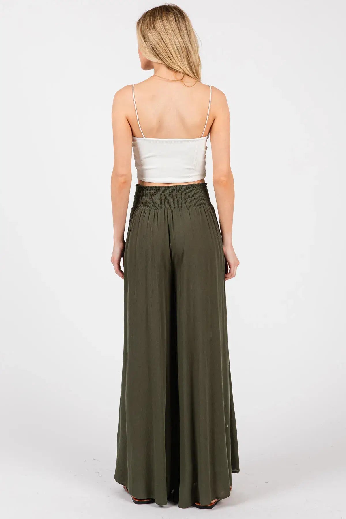Smocked Waist Wide Leg Pants - NP16530Y: Military Green