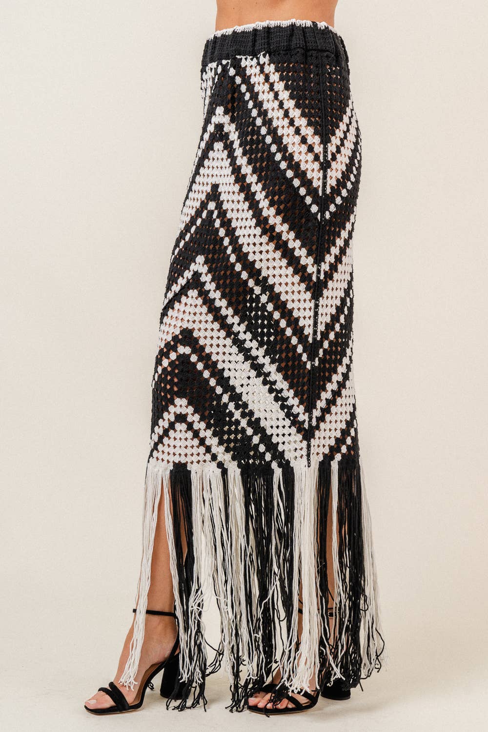 RESORT BEACH CHEVRON CROCHET FRINGED MIDI SKIRT-SI3997FO: Ivory/Navy