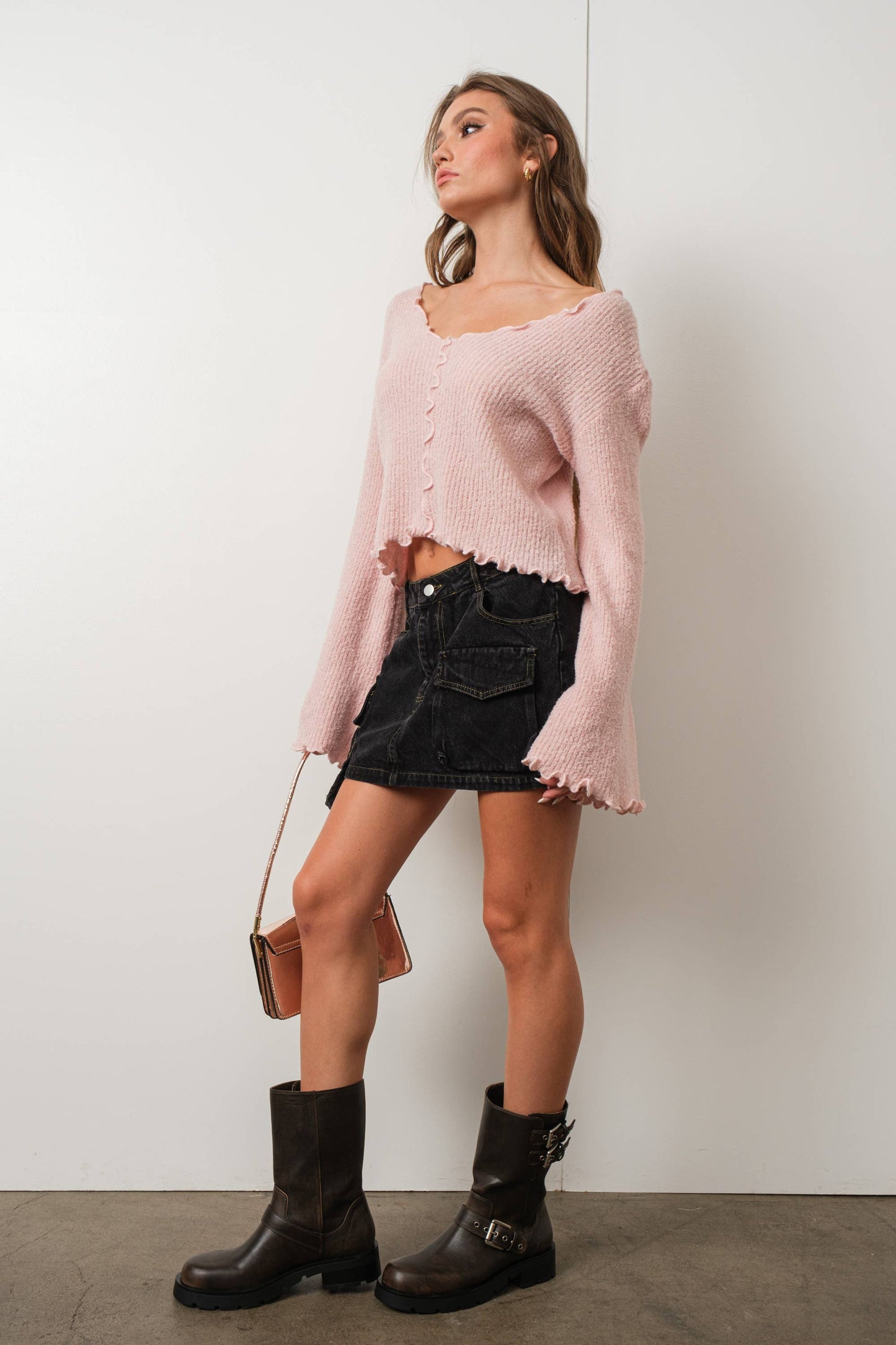 PDT687 V NECK BOUCLE KNIT SWEATER TOP: TAUPE