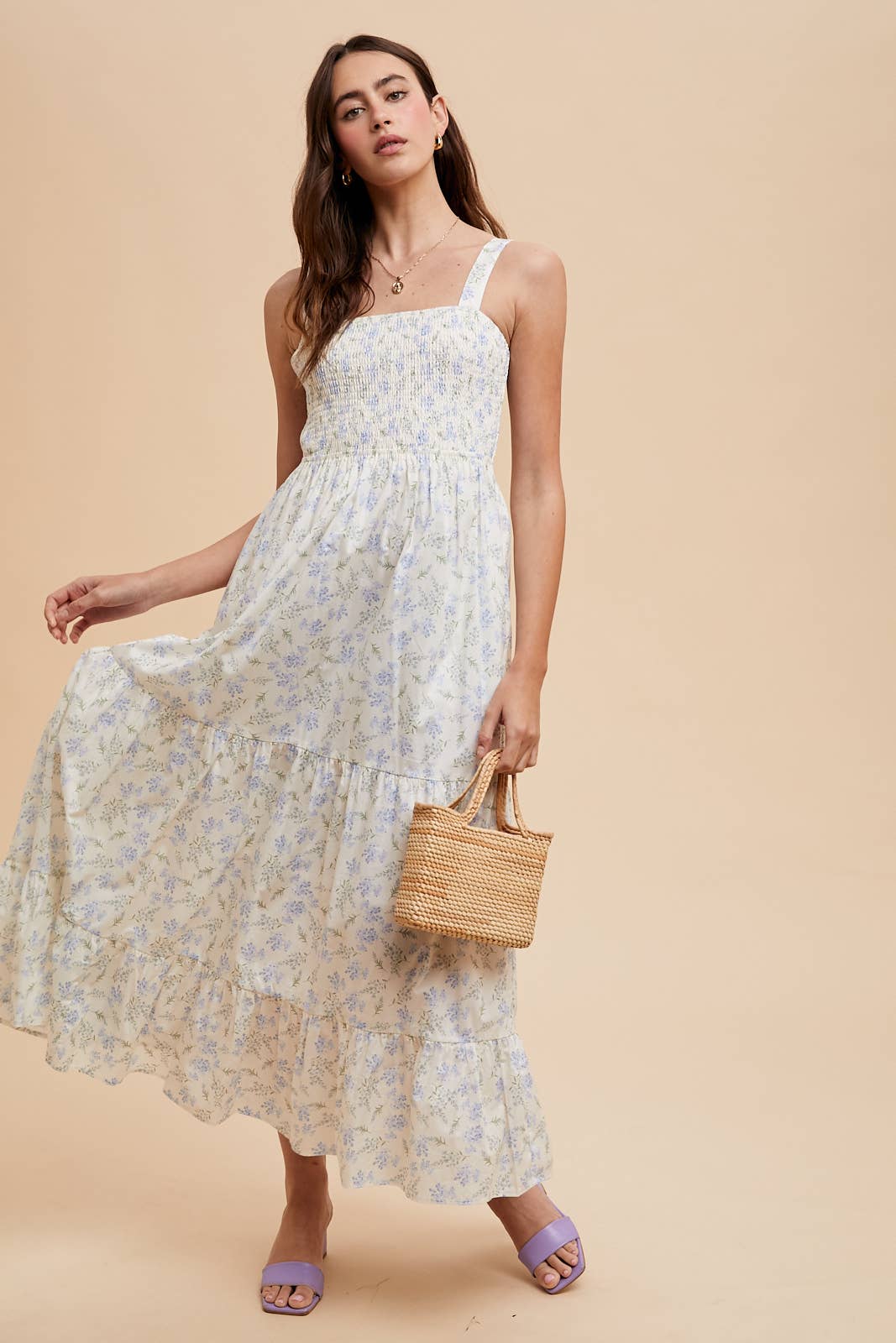 SMOCKED COTTON FLORAL MAXI DRESS: FRENCH BLUE / ILD6312-A
