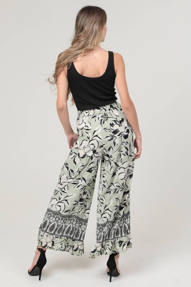 B3717-A933 PRINTED WIDE LEG PANTS: SAGE